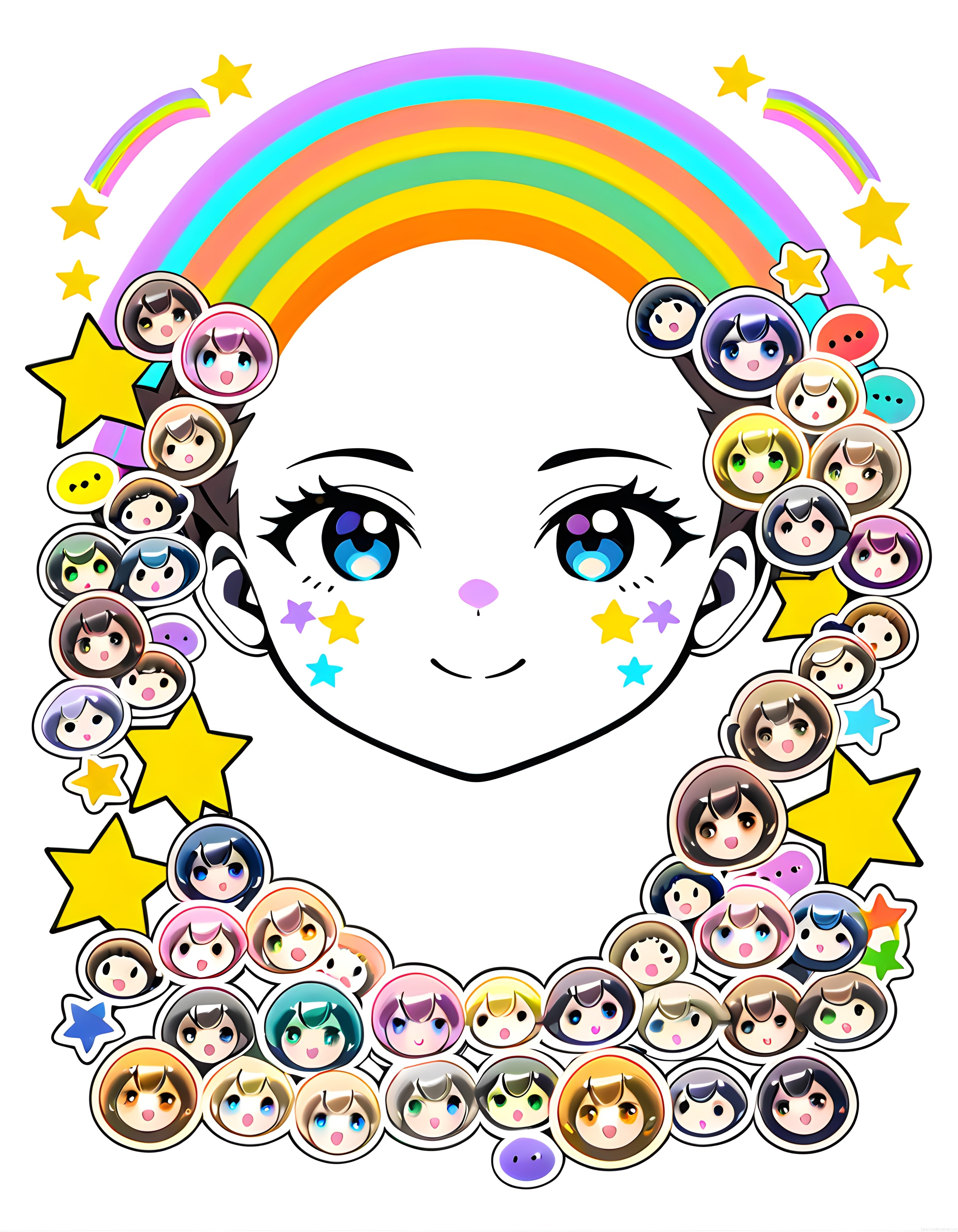 Sevimli Anime Yüzü ve Chibi Karakterlerle Süslenmiş Rengarenk Gökkuşağı Çerçevesi