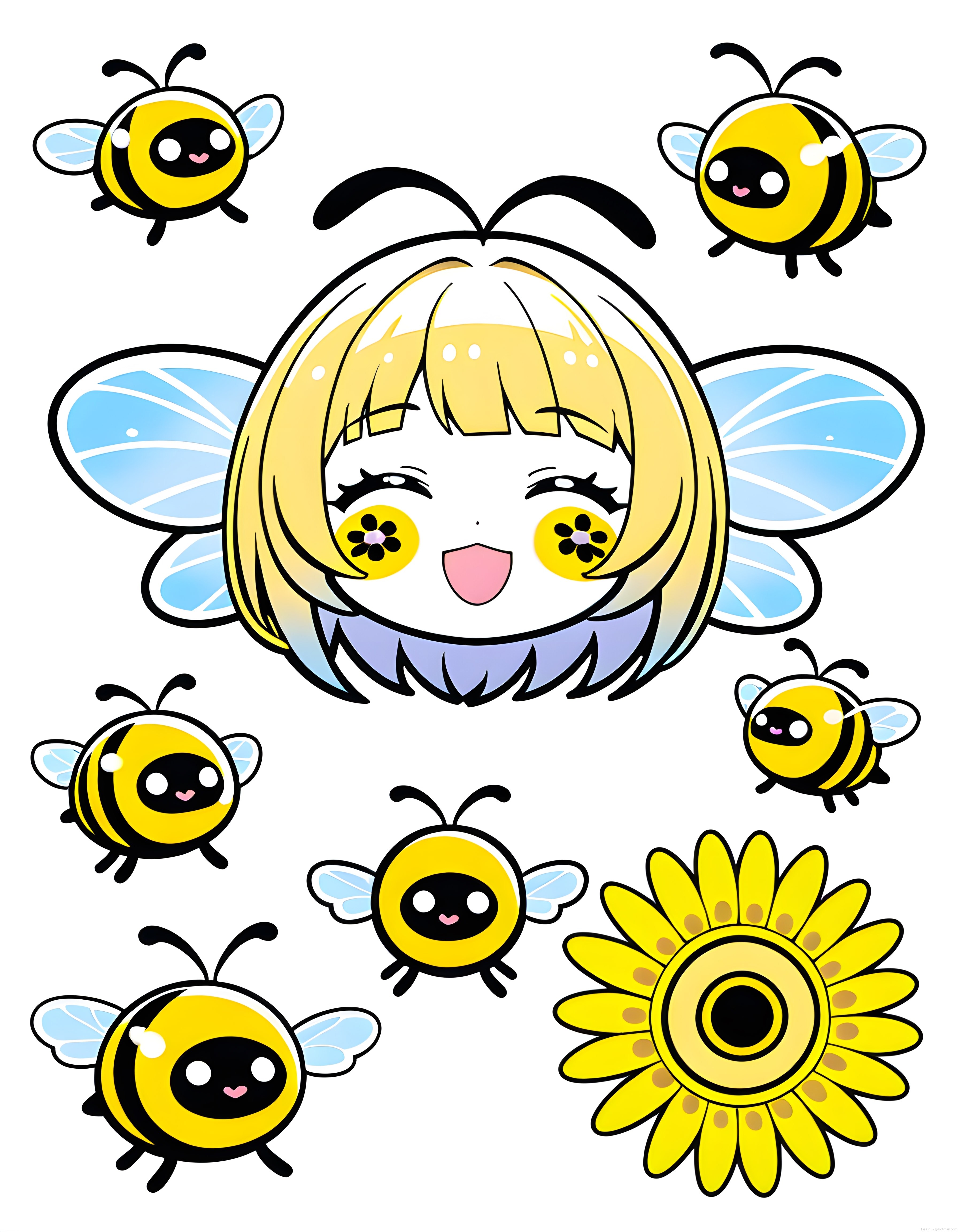 Sevimli Arı Kız ve Uçan Minik Bal Arılarıyla Renkli Kawaii Anime Dijital Çizim