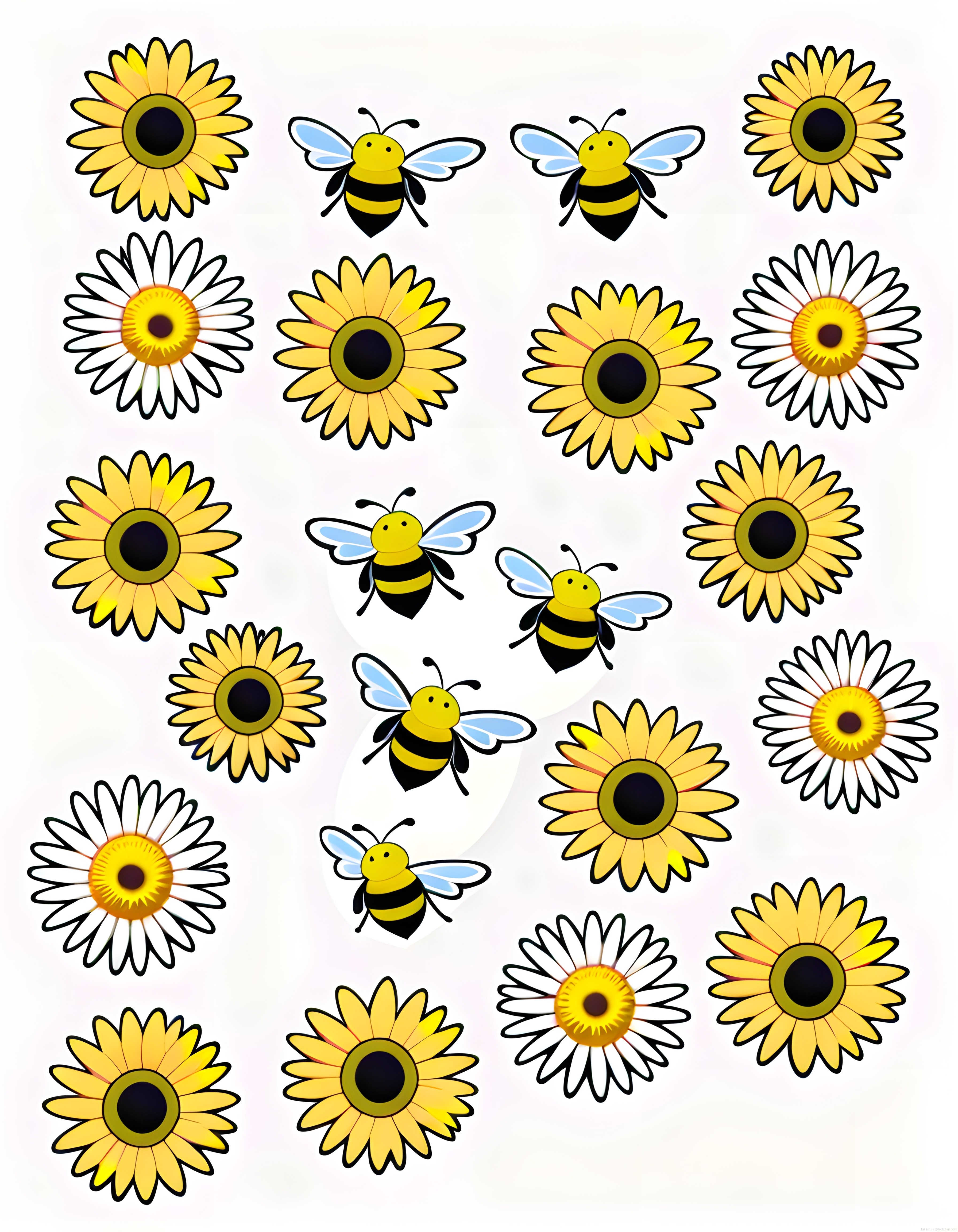 Sevimli Arı ve Sarı Papatya Temalı Yaz İllüstrasyon ve Sticker Seti