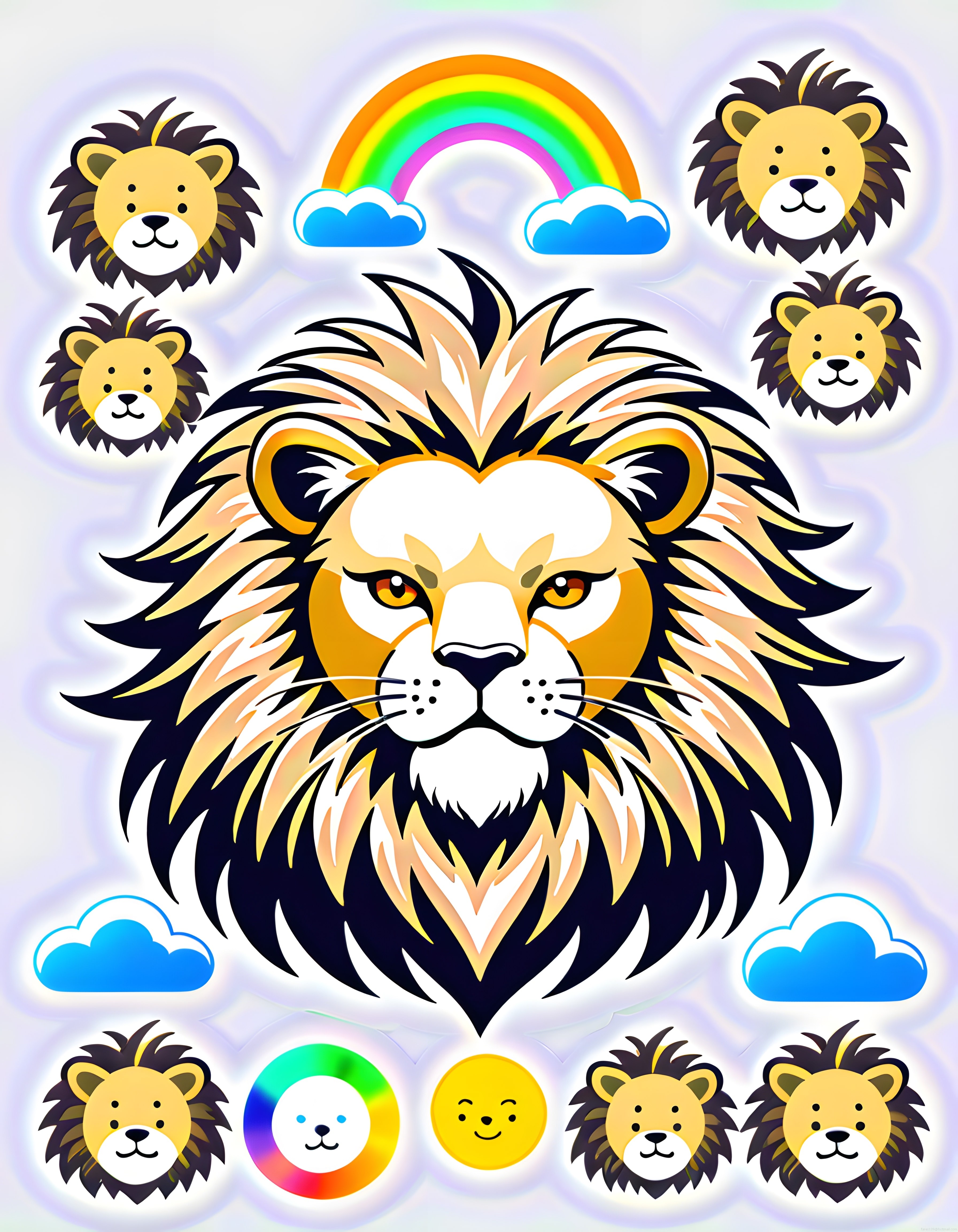 sevimli aslan kral çocuk odası duvar kağıdı gökkuşağı bulut emoji vektör