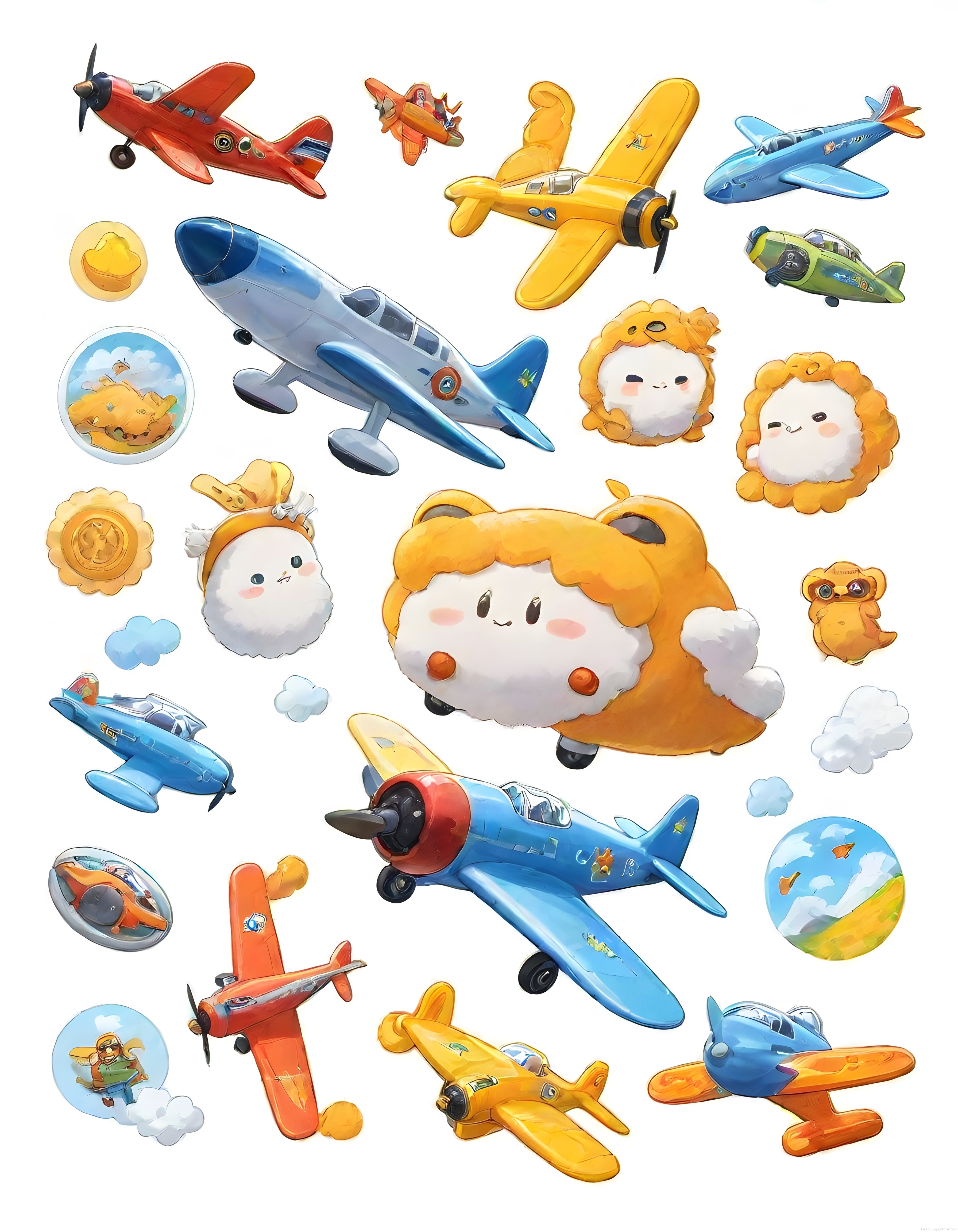 Sevimli aslan pilotlar ve renkli uçaklarla dolu çocuk odası duvar sticker seti