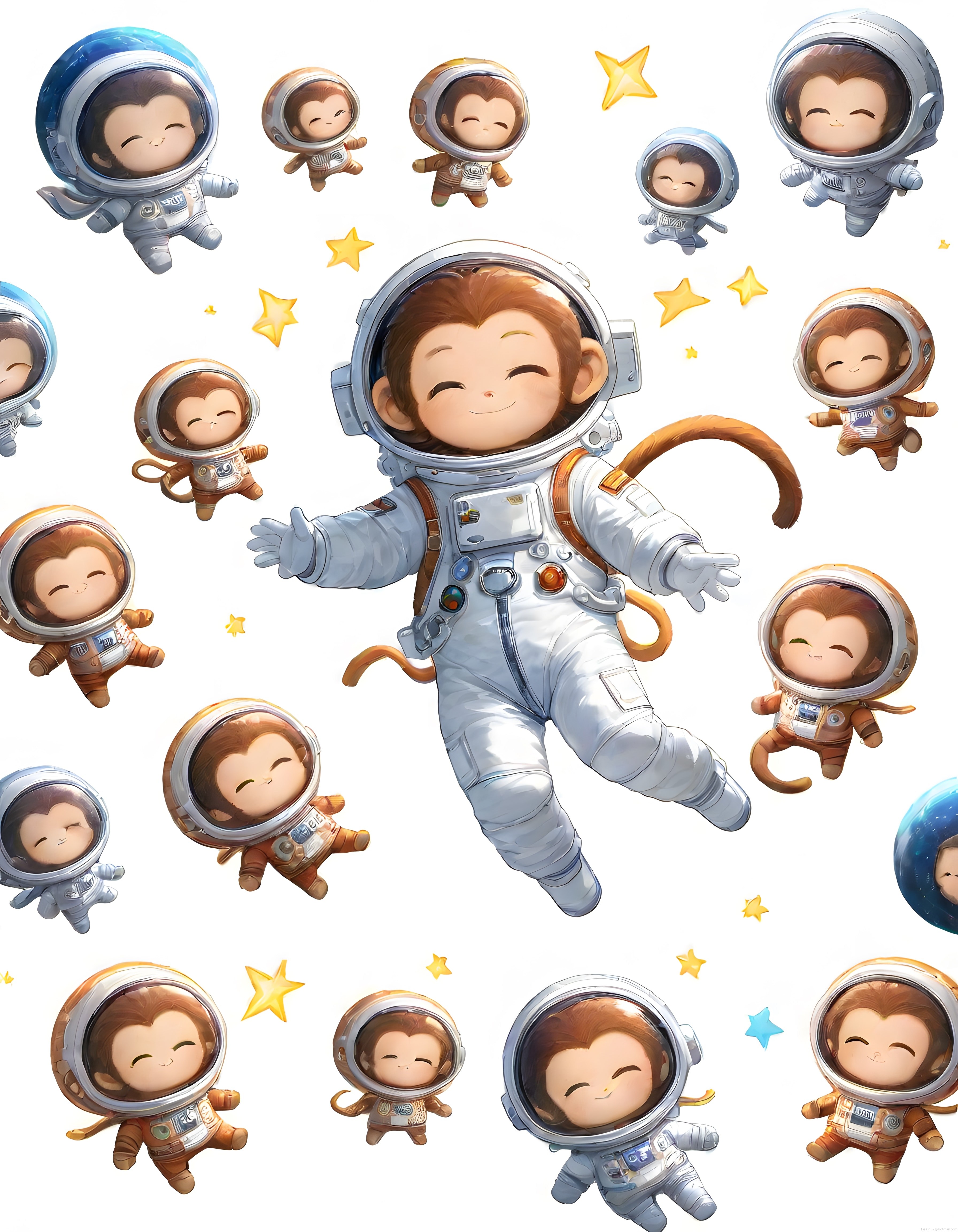 Sevimli astronot maymunlar uzay temalı dijital illüstrasyon ve sticker seti