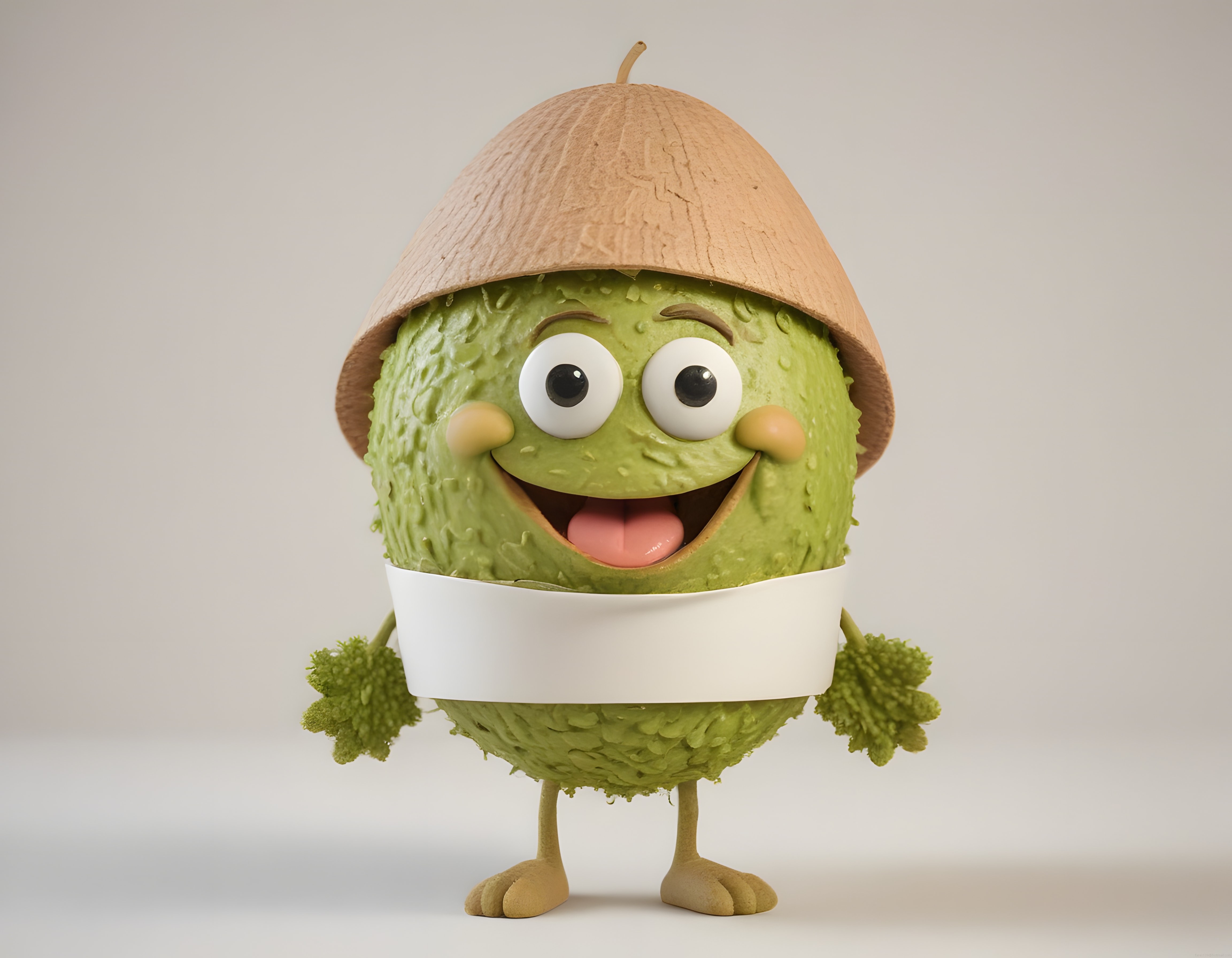 Sevimli Avokado Karakteri: Fındık Şapkalı ve Boş Etiketli 3D Maskot