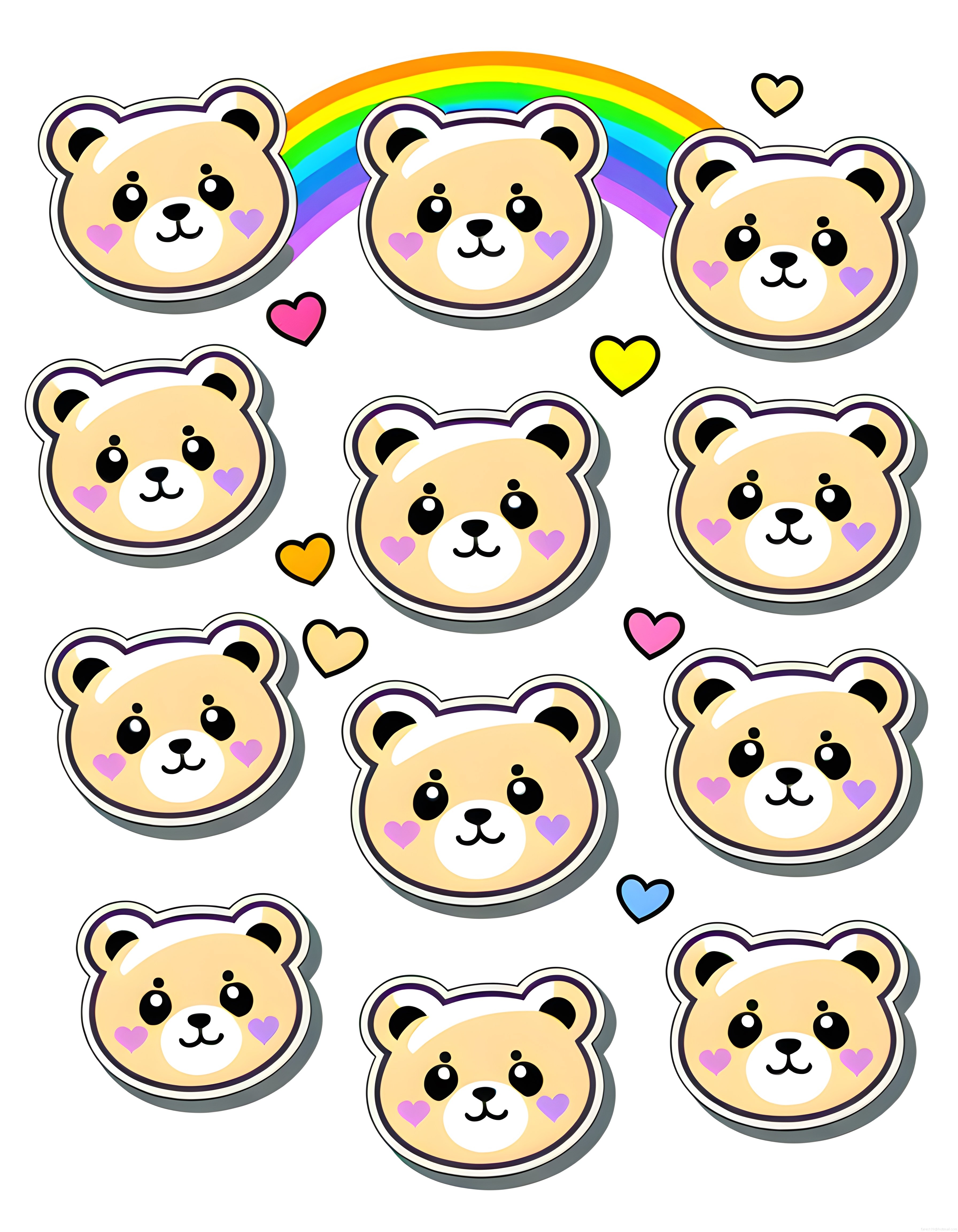 Sevimli ayı yüzü çıkartma seti; gökkuşağı ve renkli kalplerle kawaii dekor