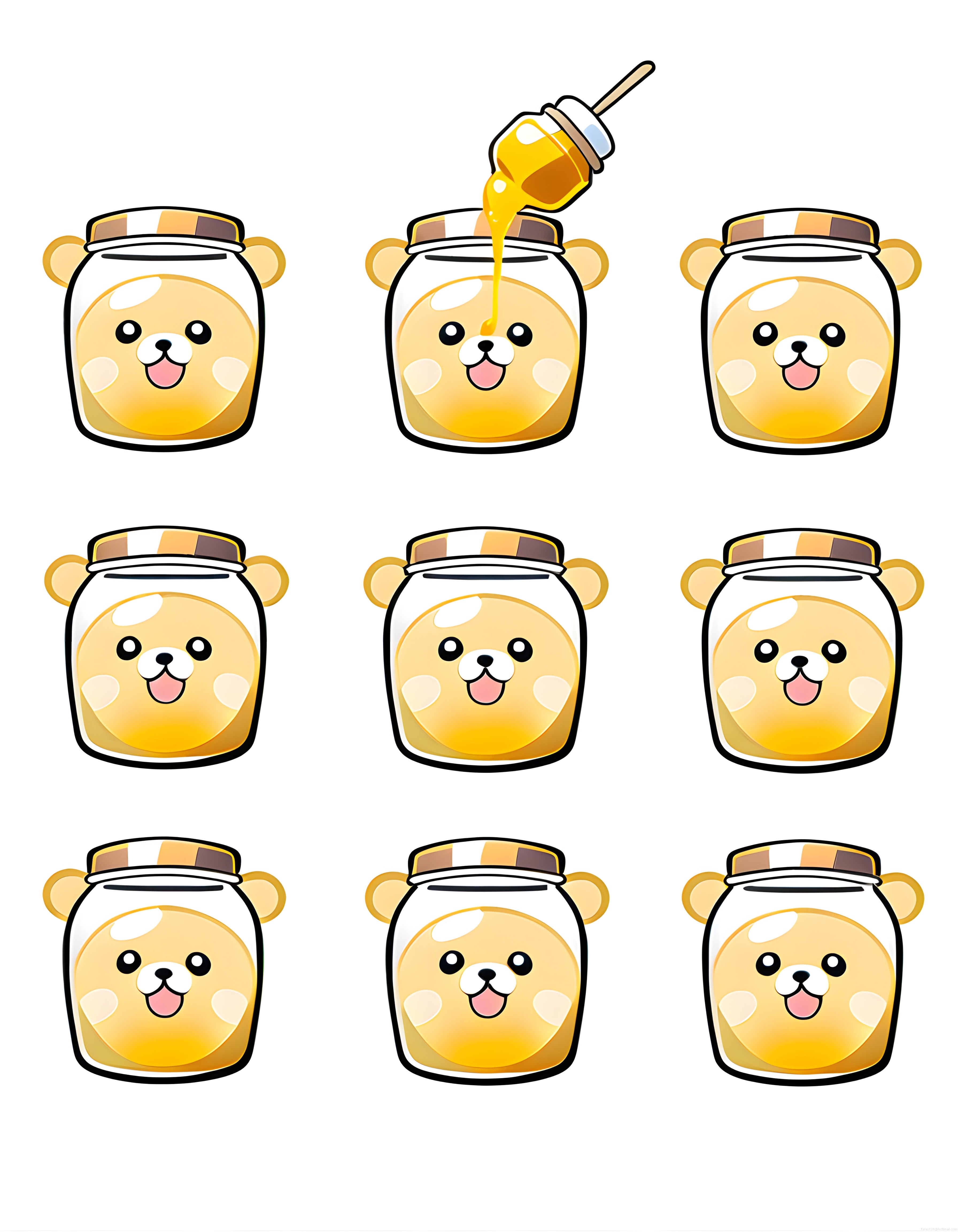 Sevimli Bal Kavanozu Ayı Karakterleri ve Kawaii İllüstrasyon Seti