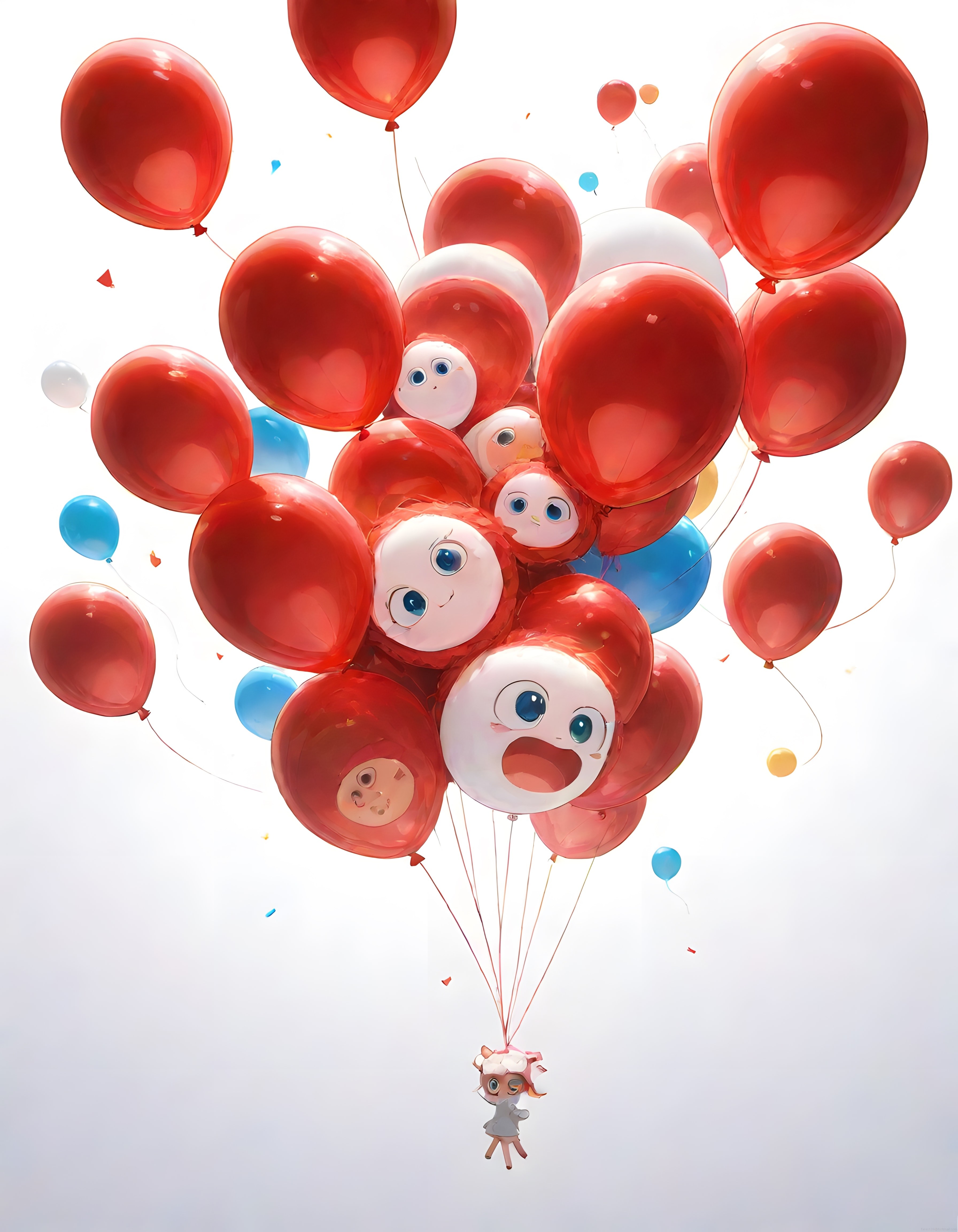Sevimli balonlarla gökyüzüne süzülen küçük karakterin masalsı animasyon anı