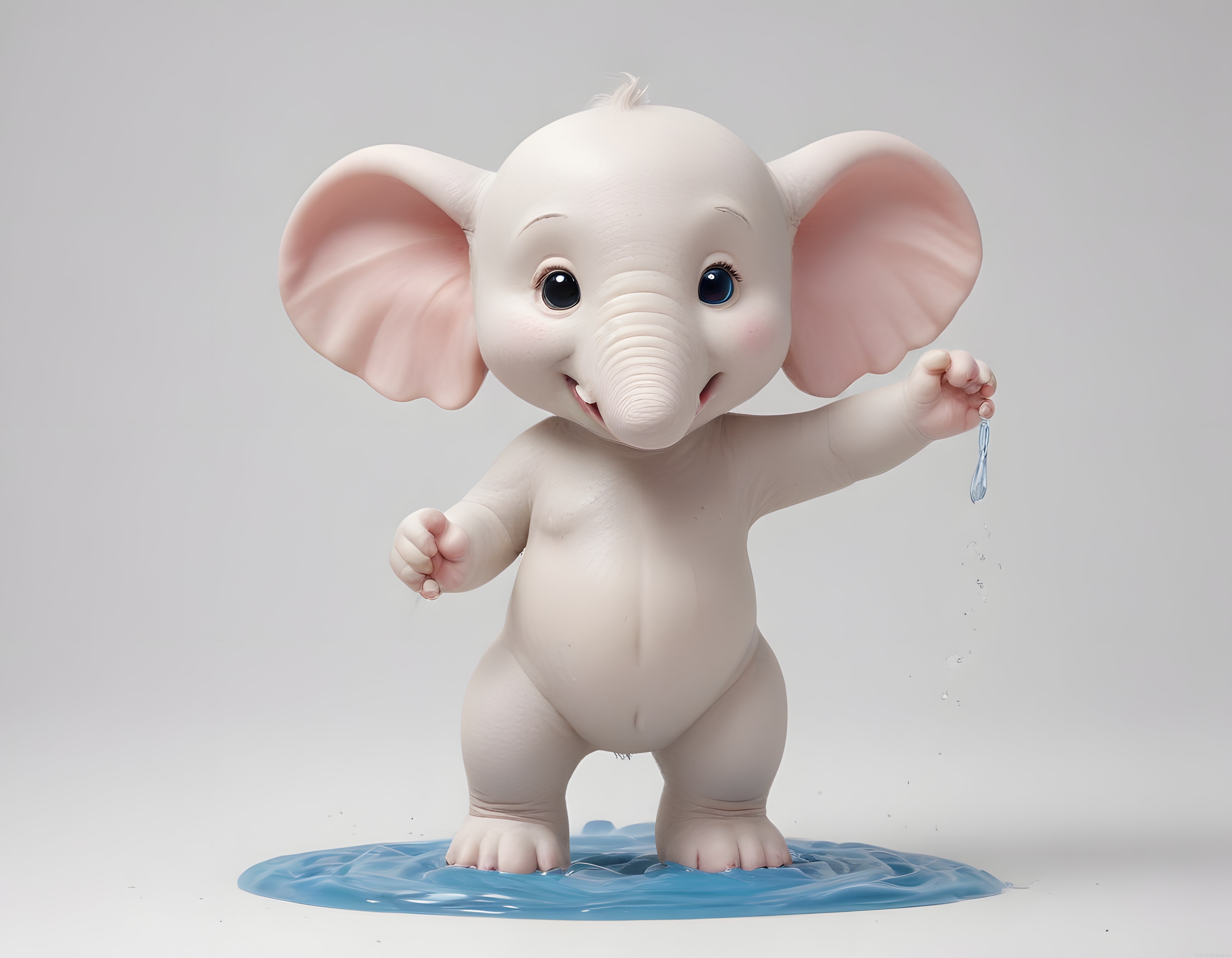 Sevimli Bebek Fil Karakteri, Su Damlacıkları ile Beyaz Arka Plan 3D Render