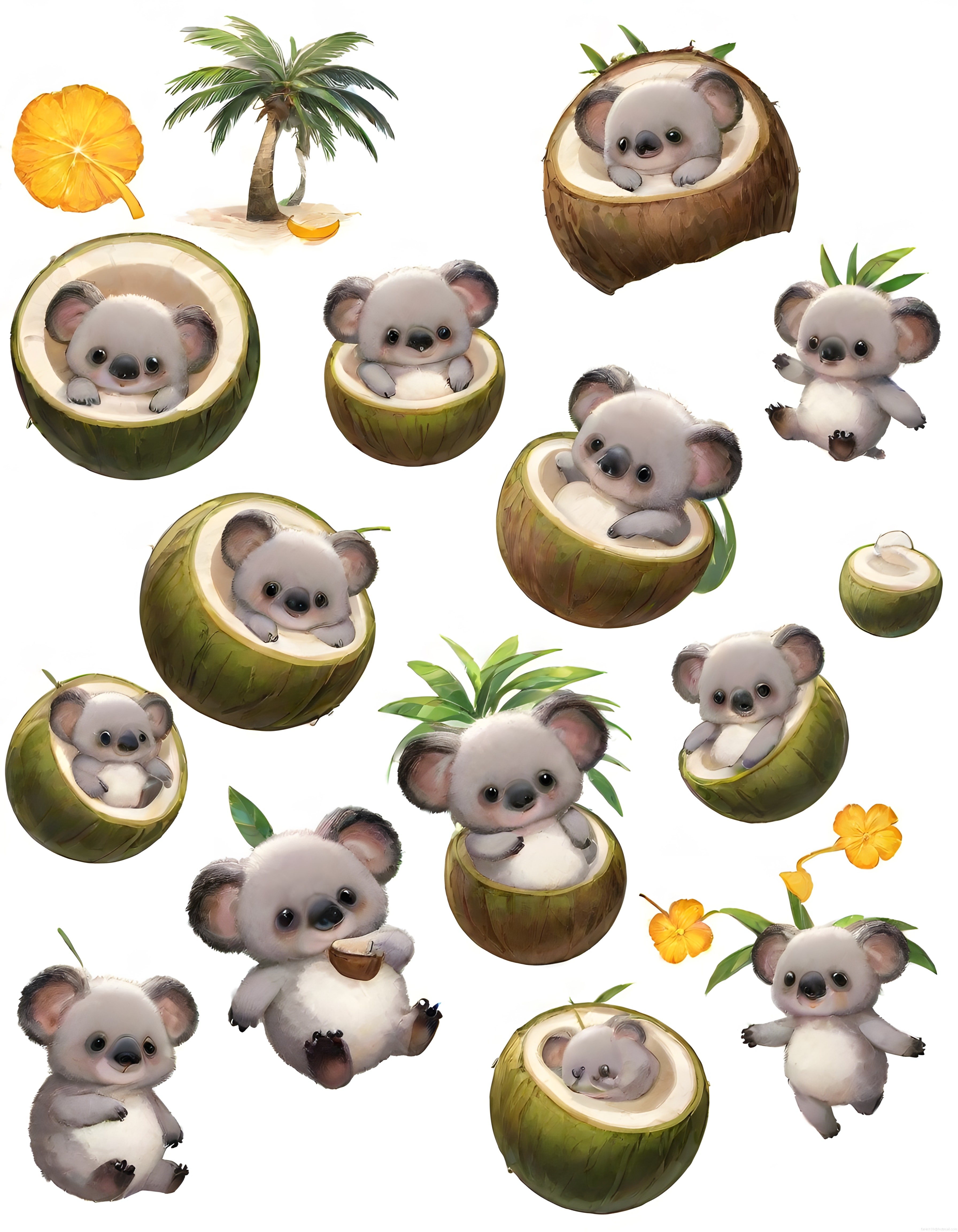 Sevimli Bebek Koala ve Hindistan Cevizi Koleksiyonu: Tropikal Yaz Sticker Seti