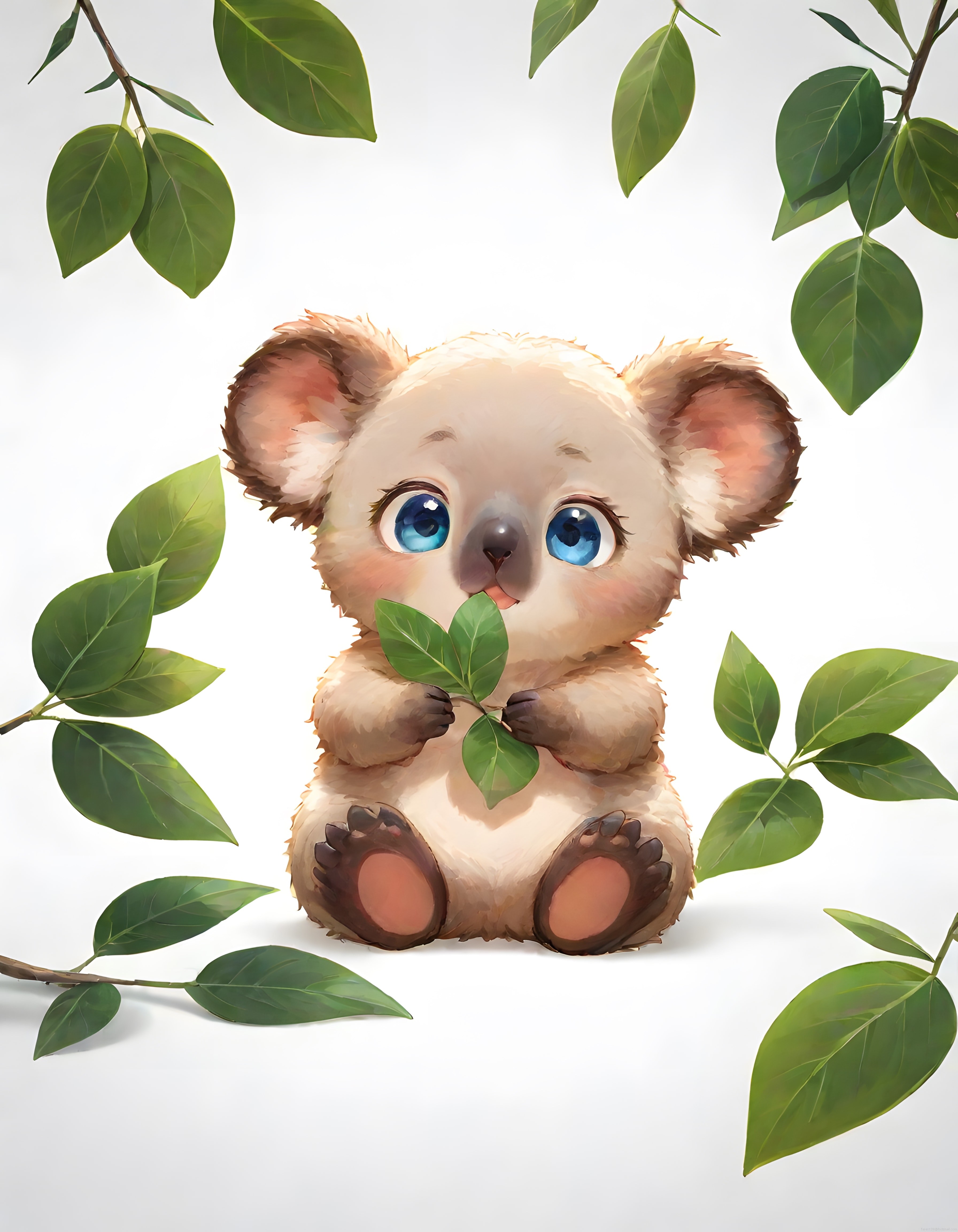 Sevimli Bebek Koala ve Yeşil Yapraklarla Dijital Sanat Tasarımı