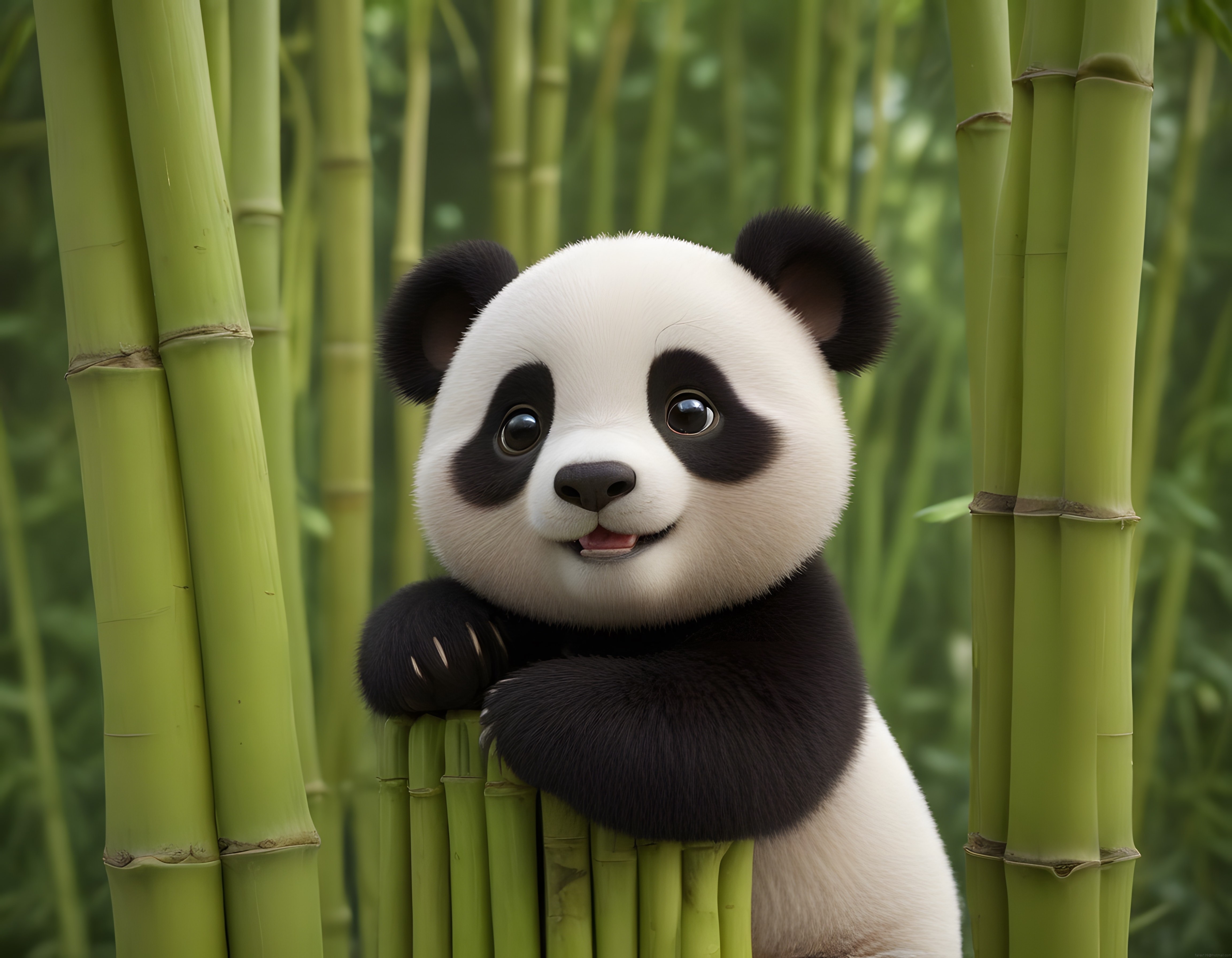 Sevimli Bebek Panda Yeşil Bambu Ormanında Poz Verirken Masalsı Görüntü
