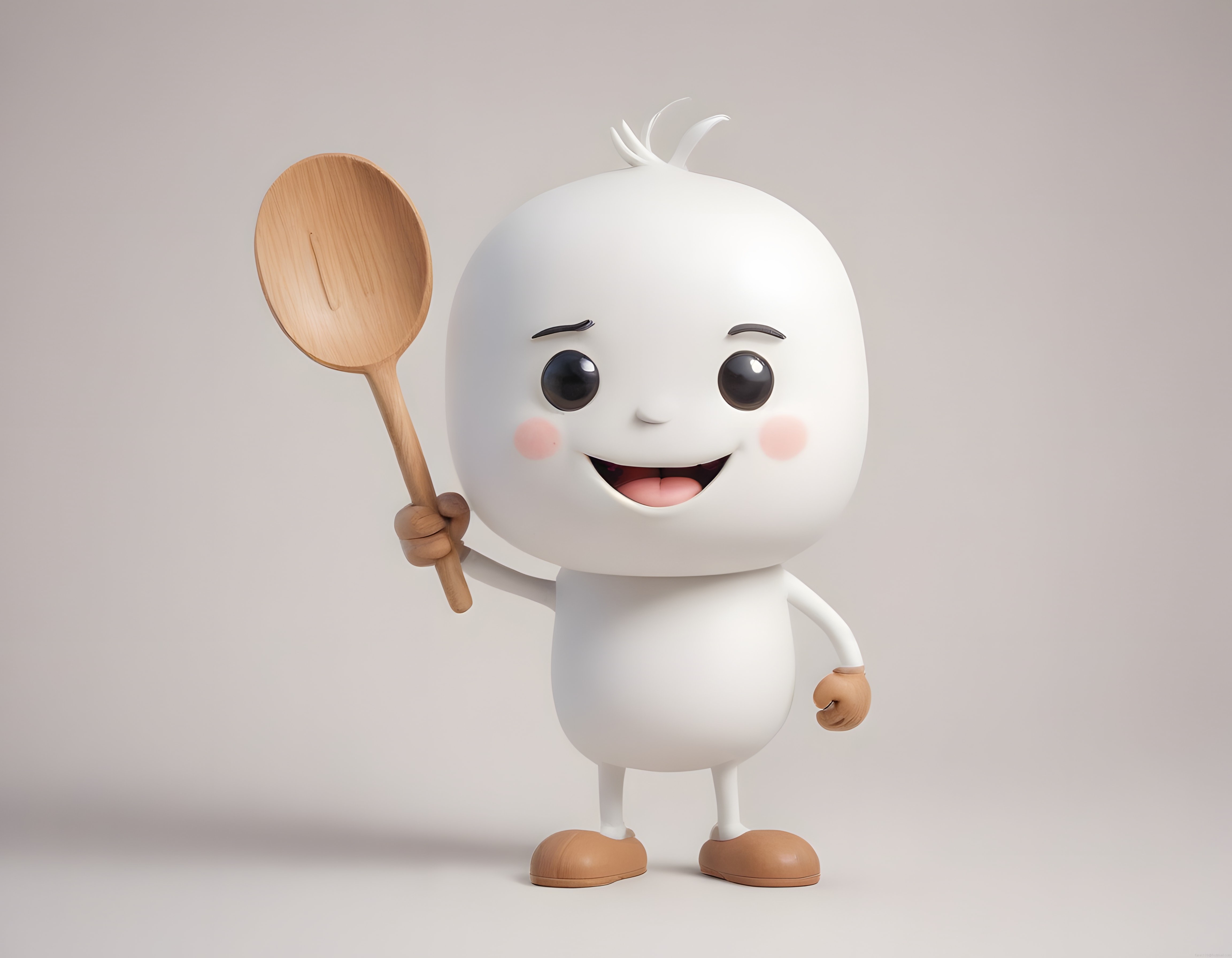 Sevimli Beyaz 3D Karakter Ahşap Kaşık Tutan Mutfak Maskotu Dijital Render