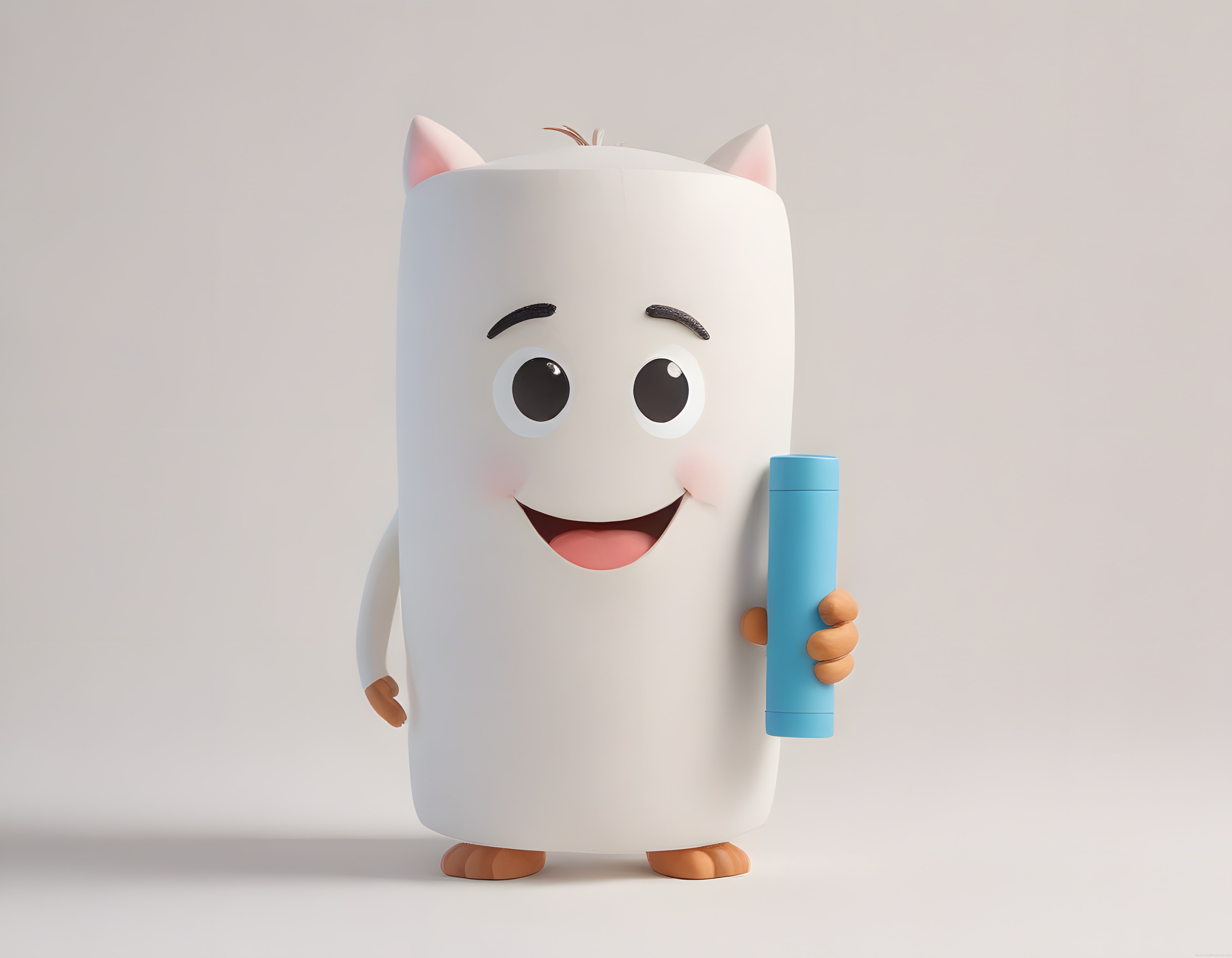 Sevimli Beyaz 3D Karakter Kedi Kulaklarıyla Mavi Kalem Tutarken Gülümsüyor