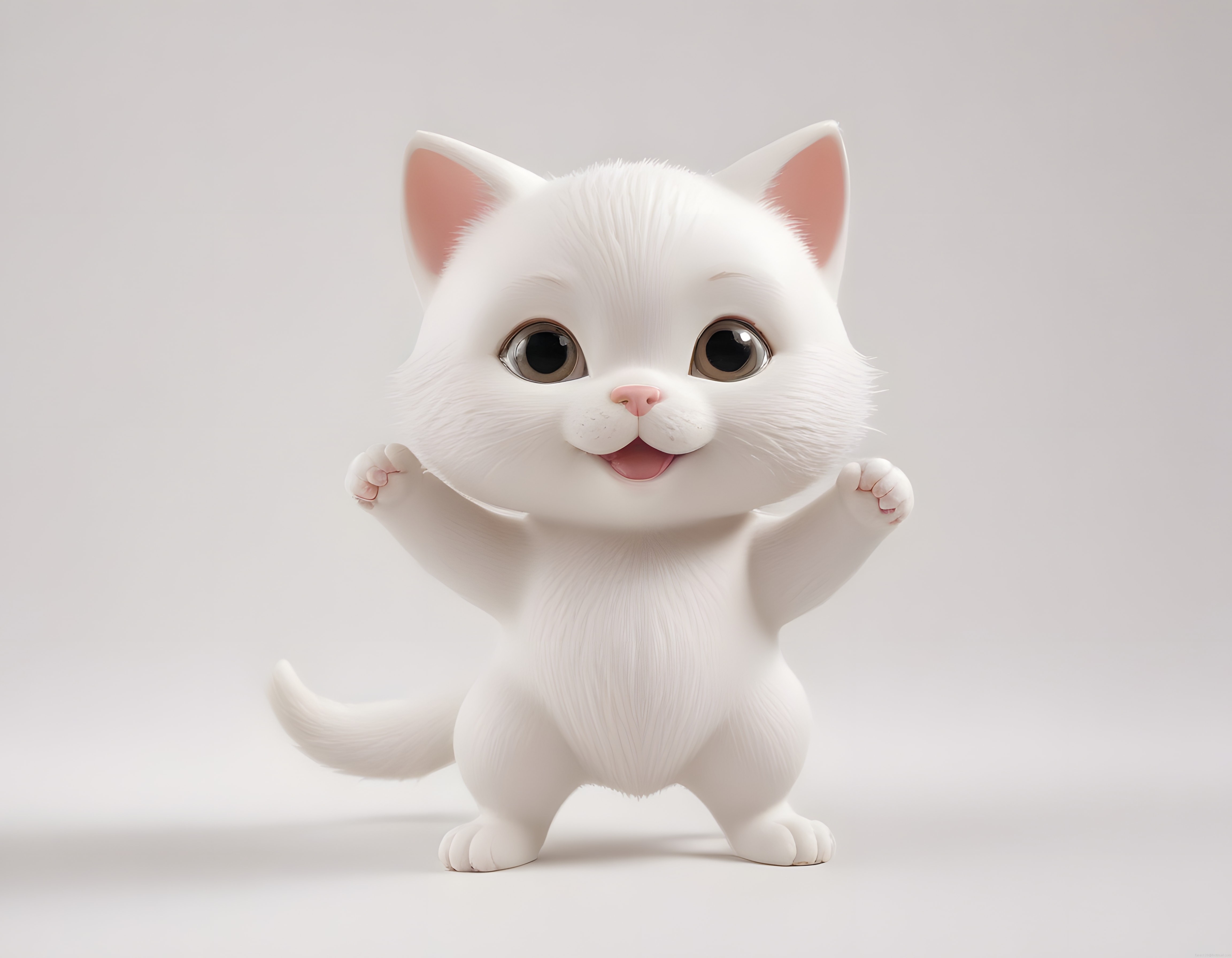 Sevimli Beyaz 3D Kedi Karakteri: Büyük Gözlü Mutlu Animasyon Maskotu