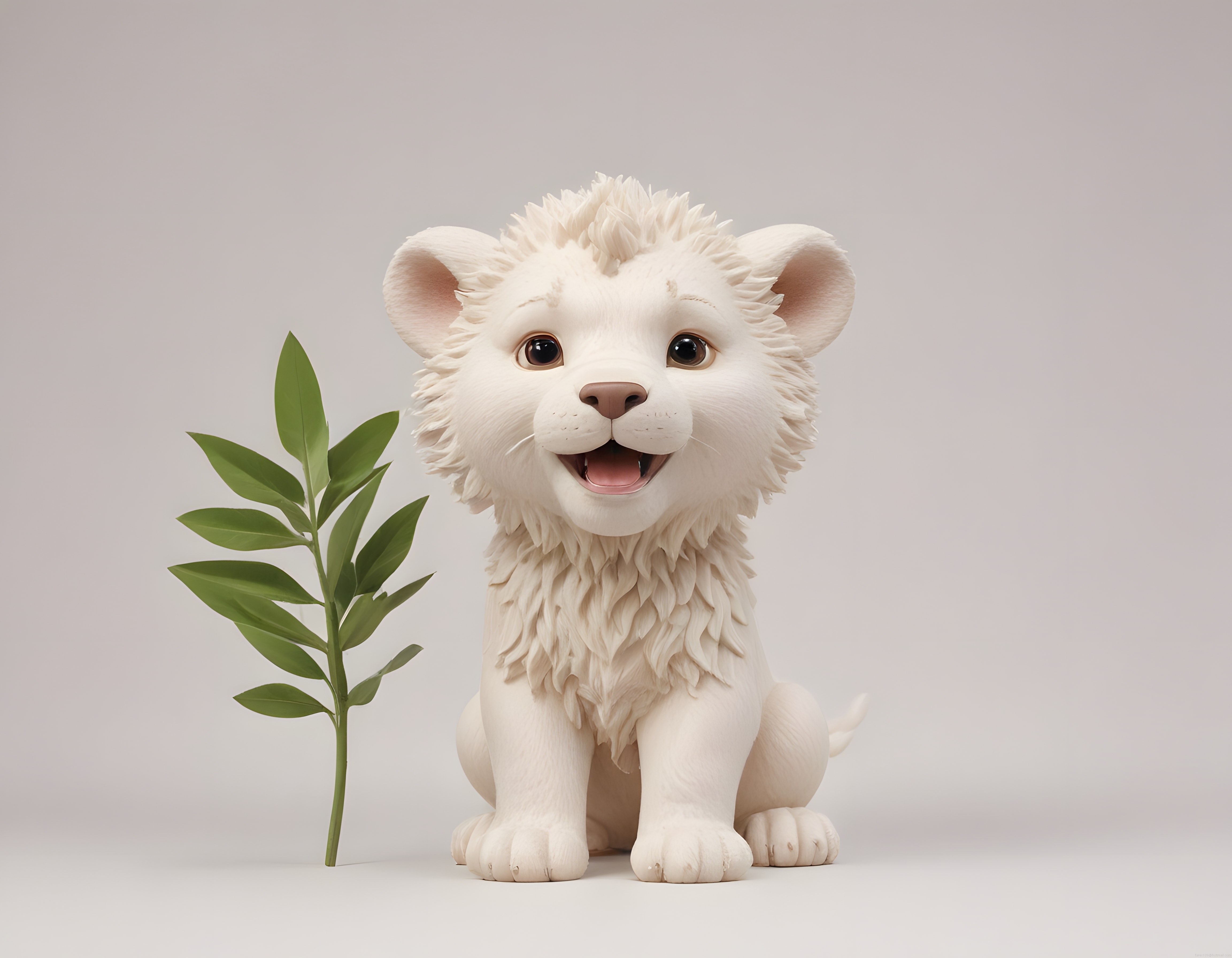 Sevimli Beyaz Aslan Yavrusu ve Yeşil Yaprak ile Sade 3D Render Görseli