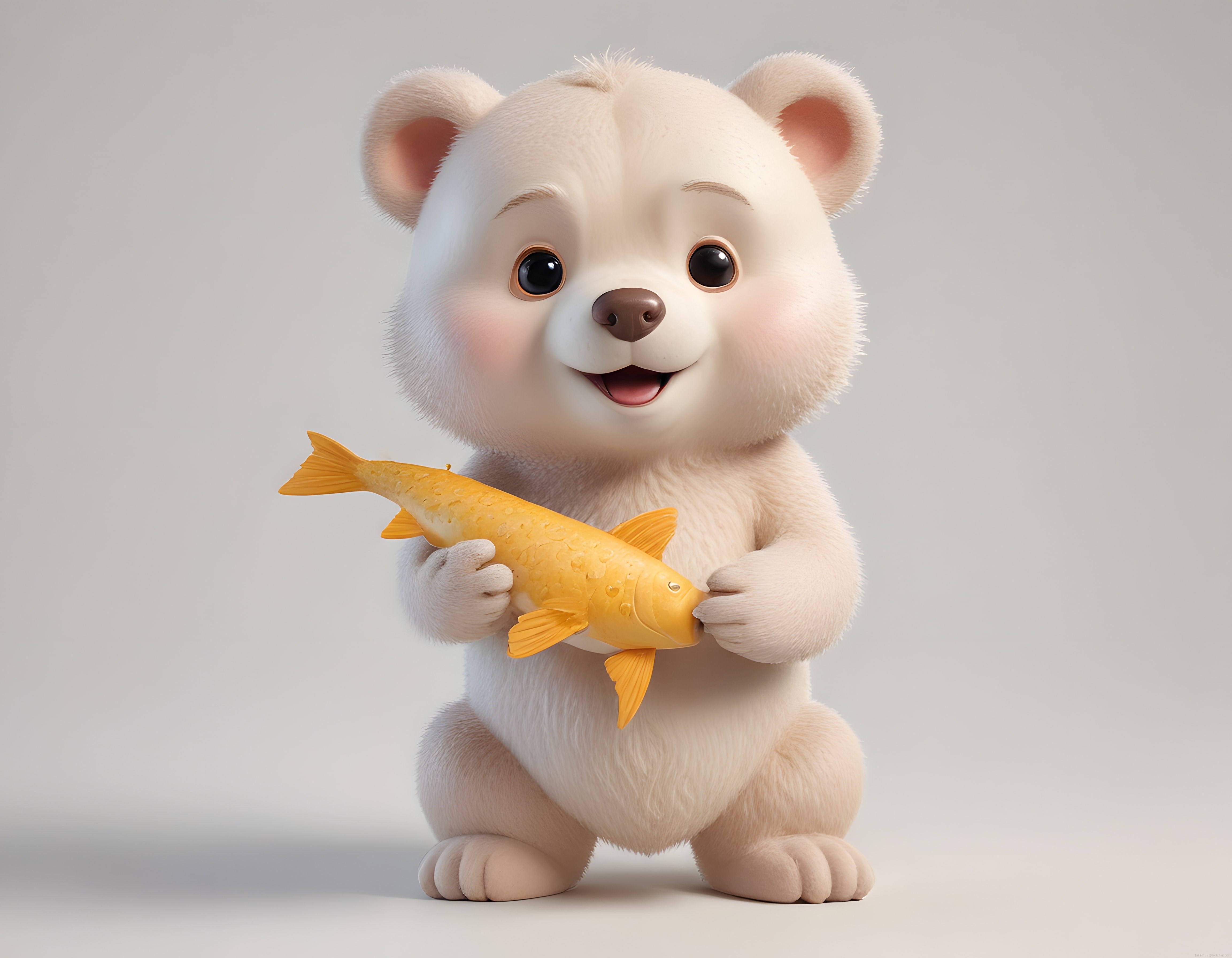 Sevimli Beyaz Ayı Yavrusu Elinde Altın Balık Tutarken Gülümsüyor, 3D