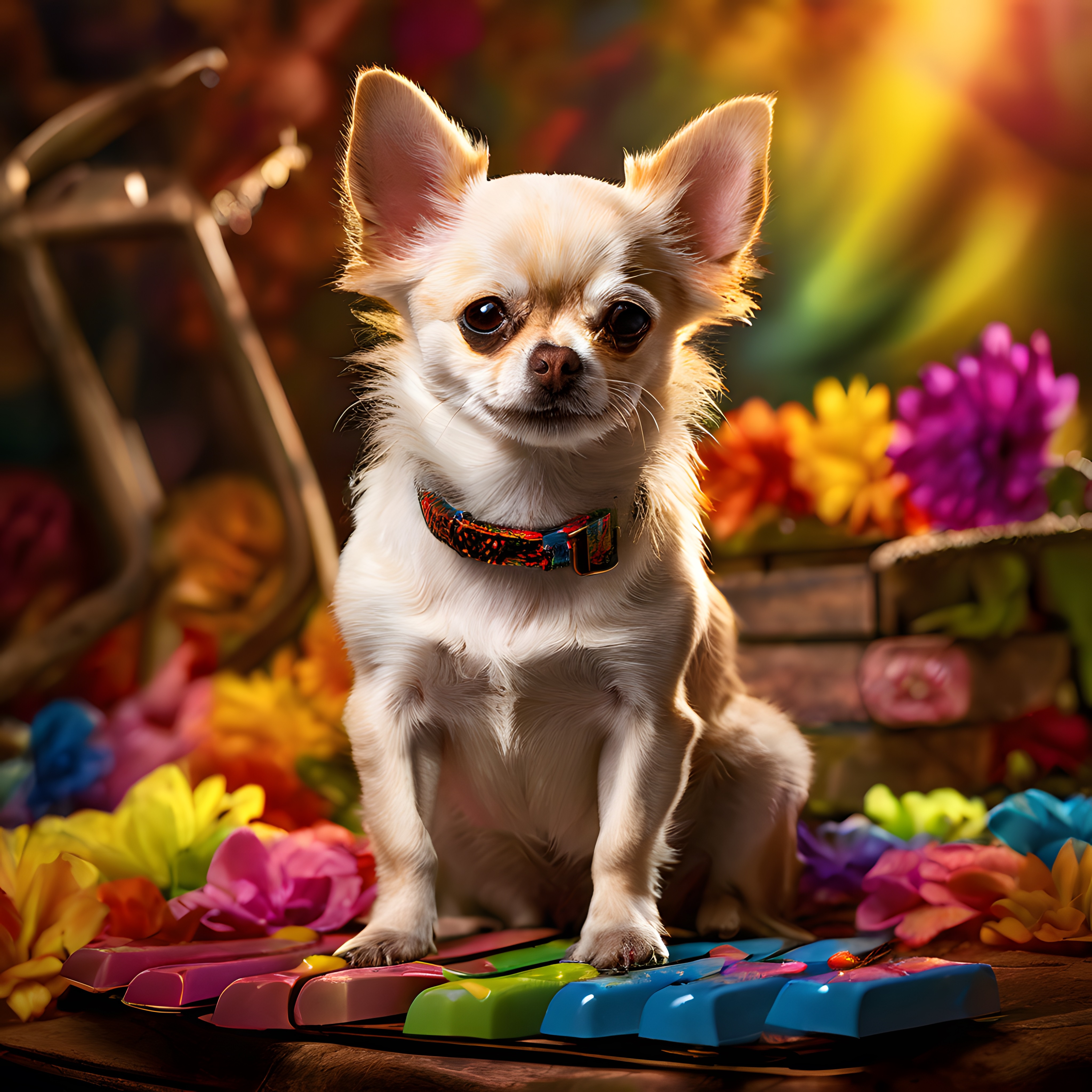 Sevimli Beyaz Chihuahua Köpeği Renkli Klavye ve Çiçekler Arasında Poz Veriyor