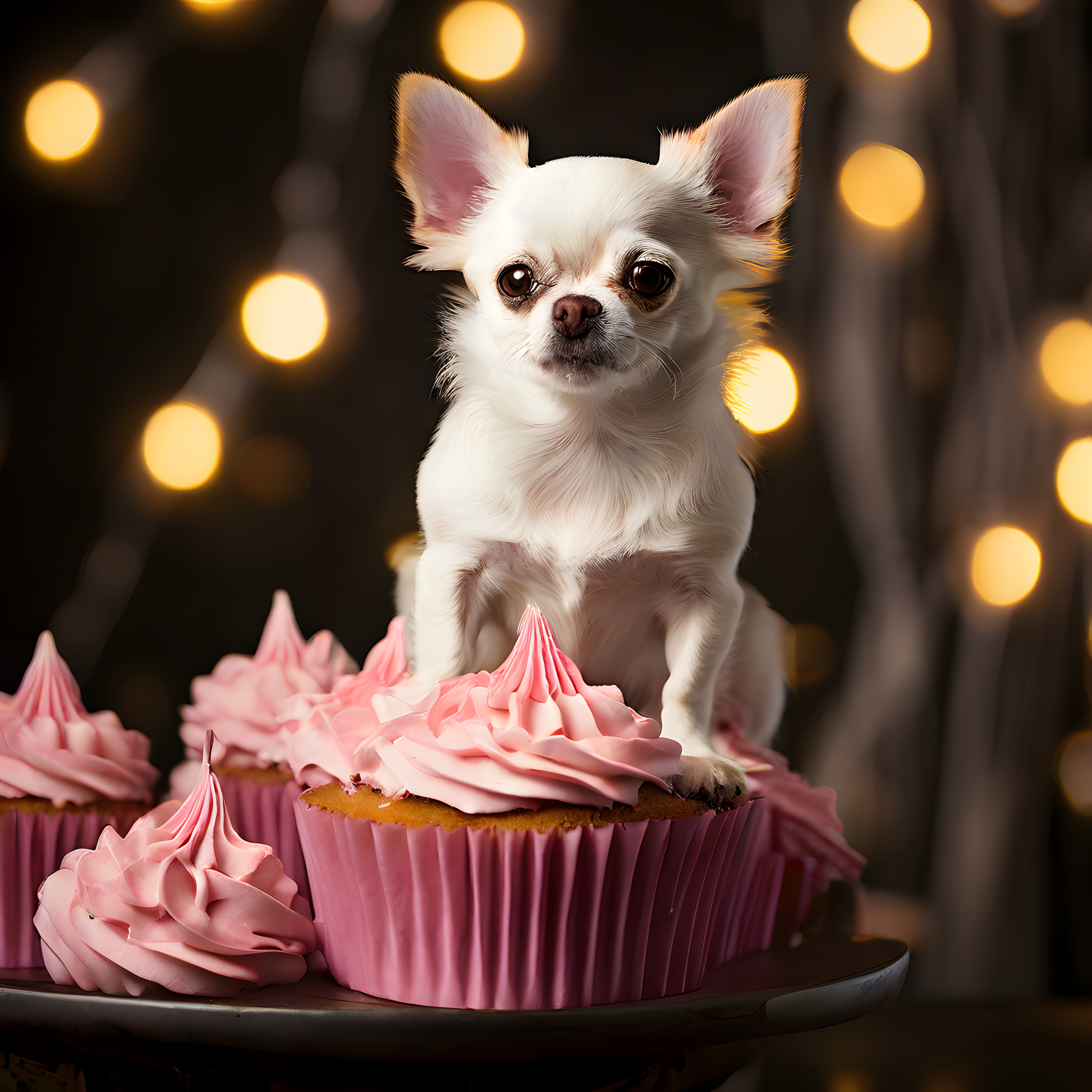 Sevimli beyaz Chihuahua pembe cupcakelerin üzerinde oturuyor ve kameraya bakıyor