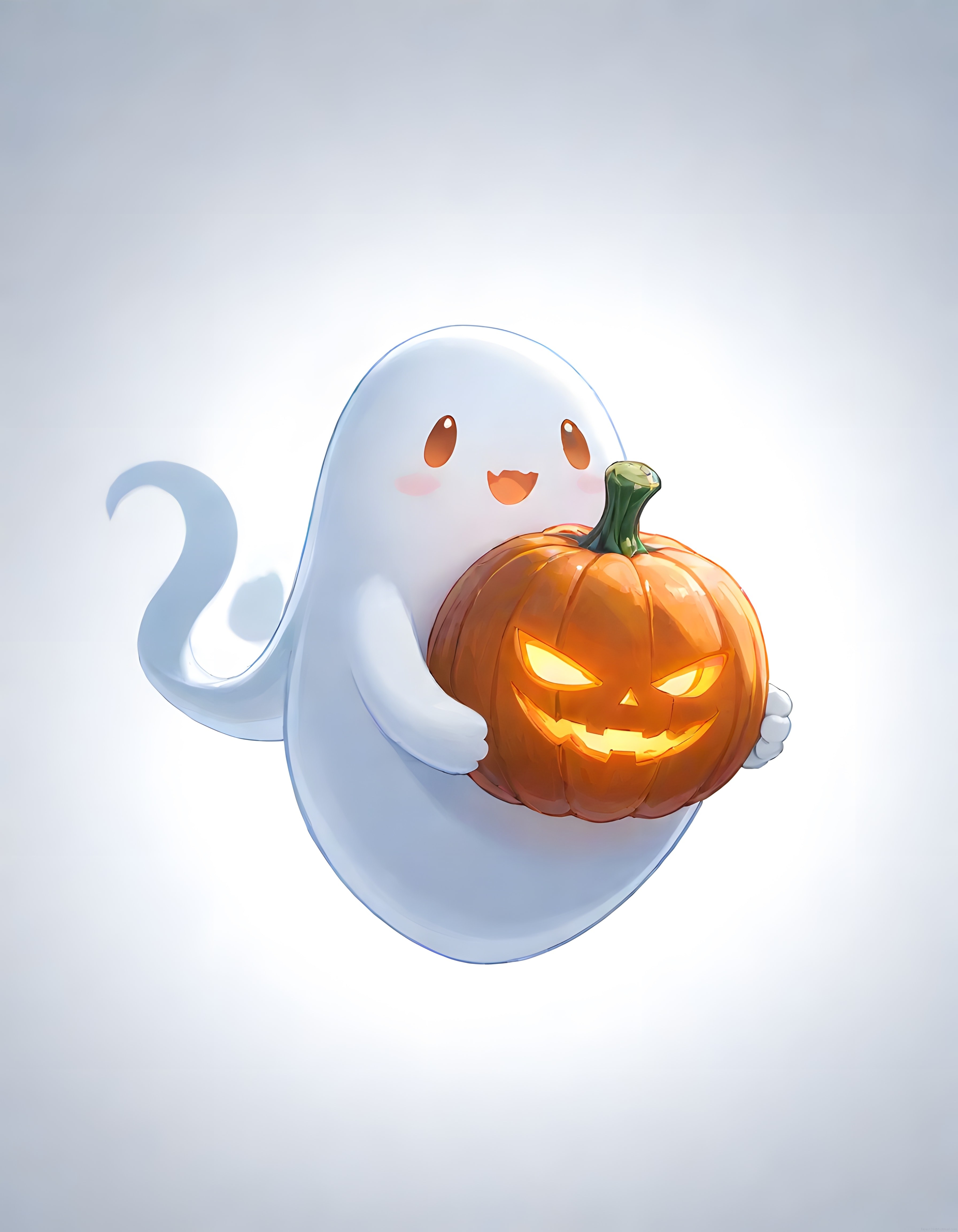 Sevimli Beyaz Hayalet ve Işıldayan Halloween Balkabağı Dijital Sanat Eseri