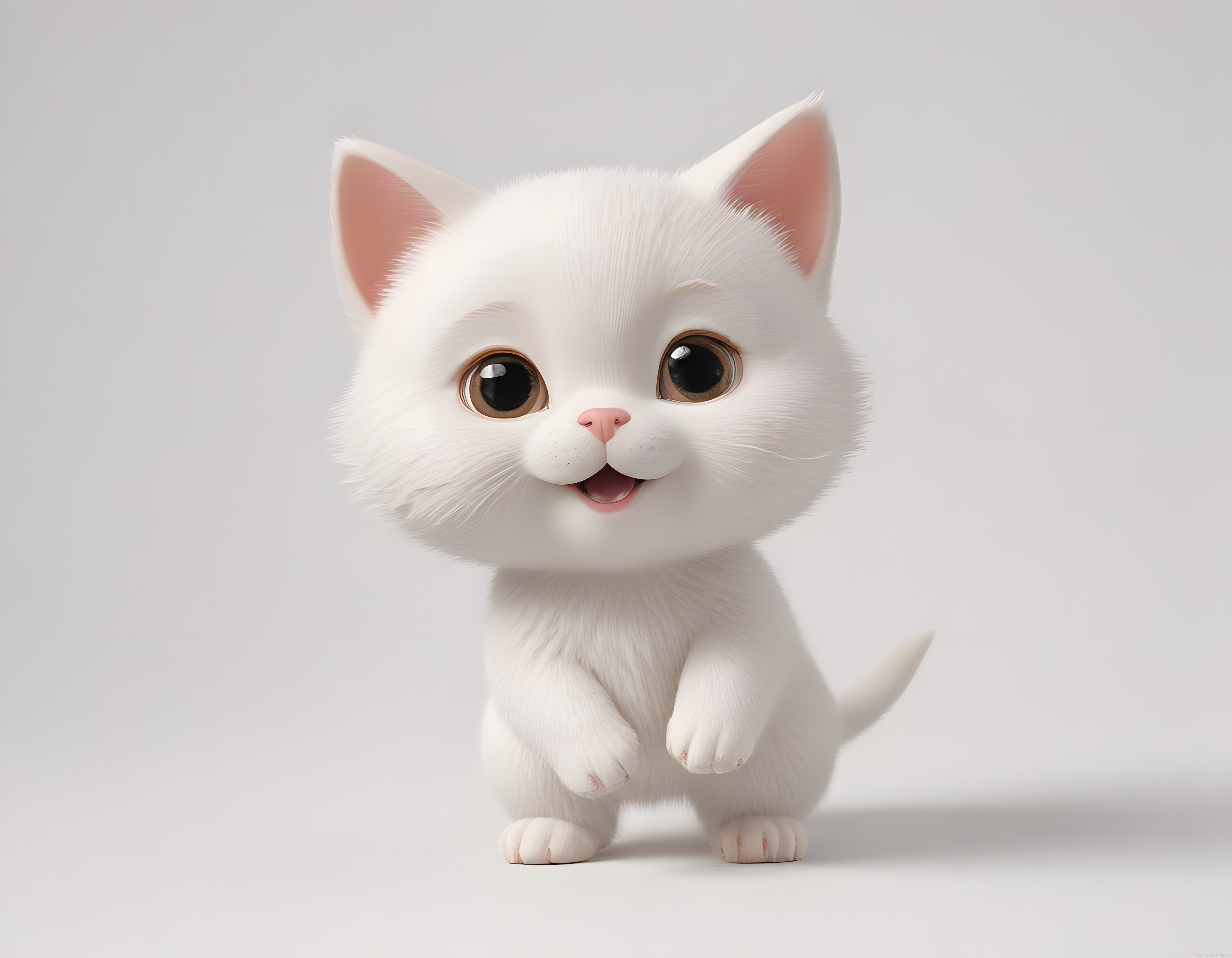 Sevimli Beyaz Kedi Yavrusu 3D Animasyon Karakteri ve Büyük Kahverengi Gözler