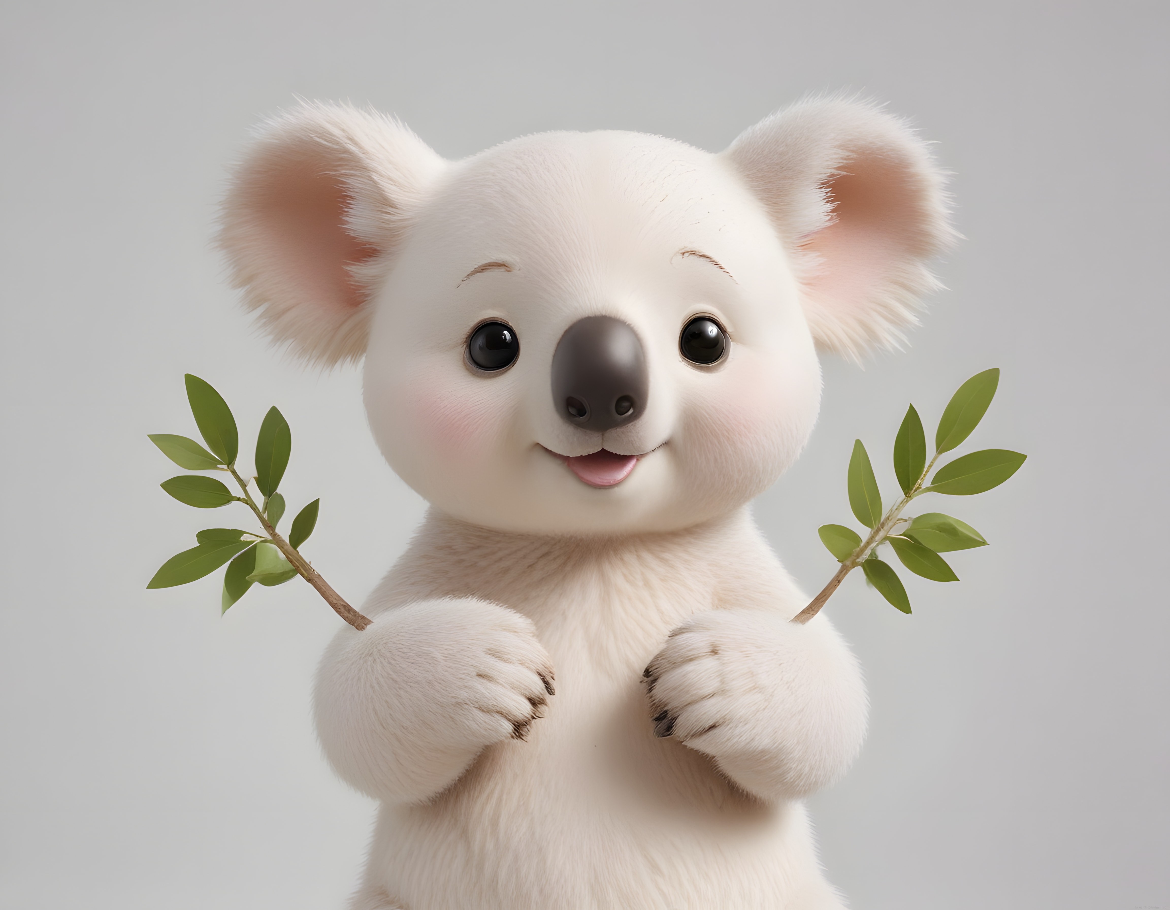 Sevimli beyaz koala karakteri yeşil yapraklarla gülümseyerek poz veriyor