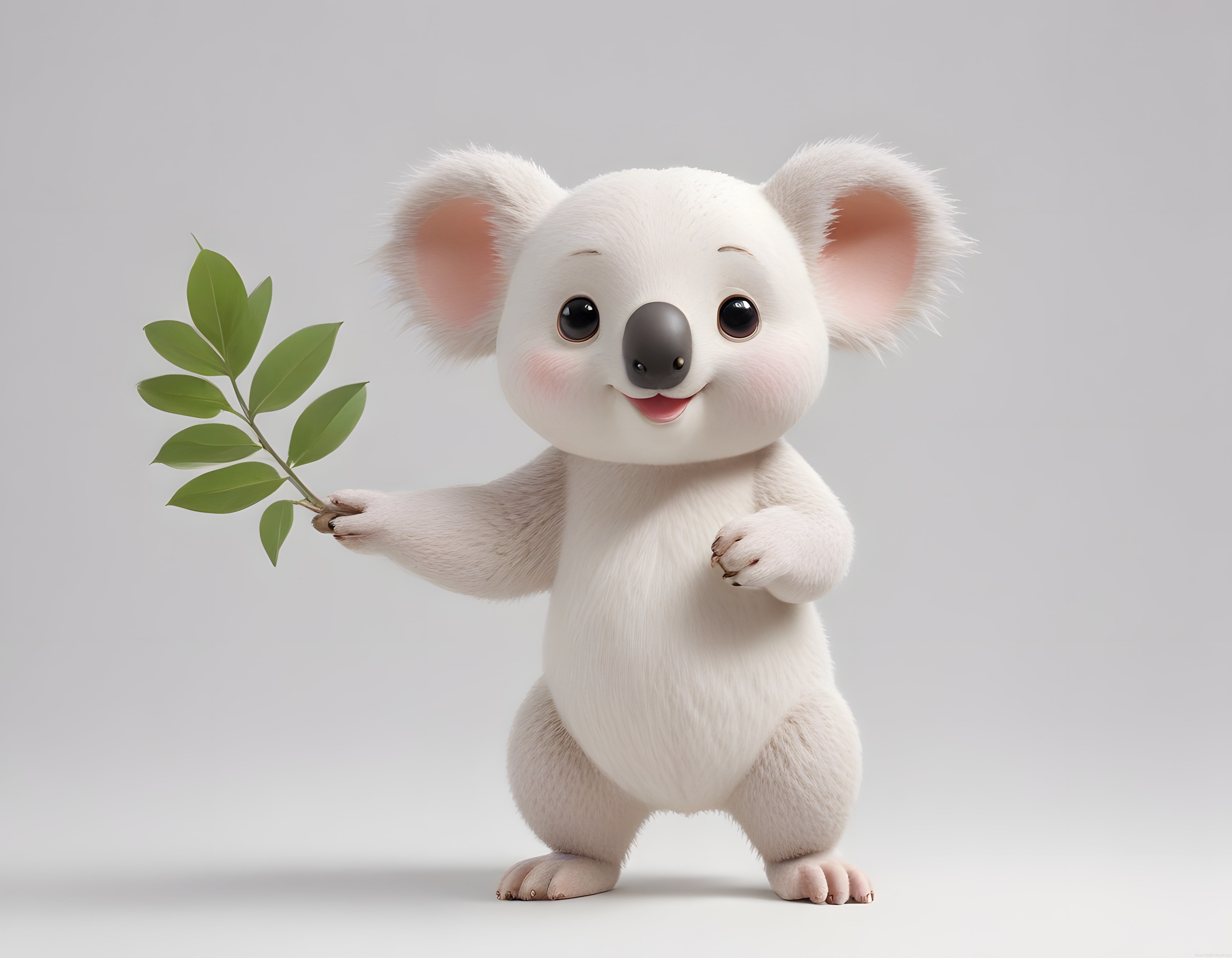 Sevimli Beyaz Koala Karakteri Yeşil Yapraklı Dal Tutarken Neşeyle Gülümsüyor