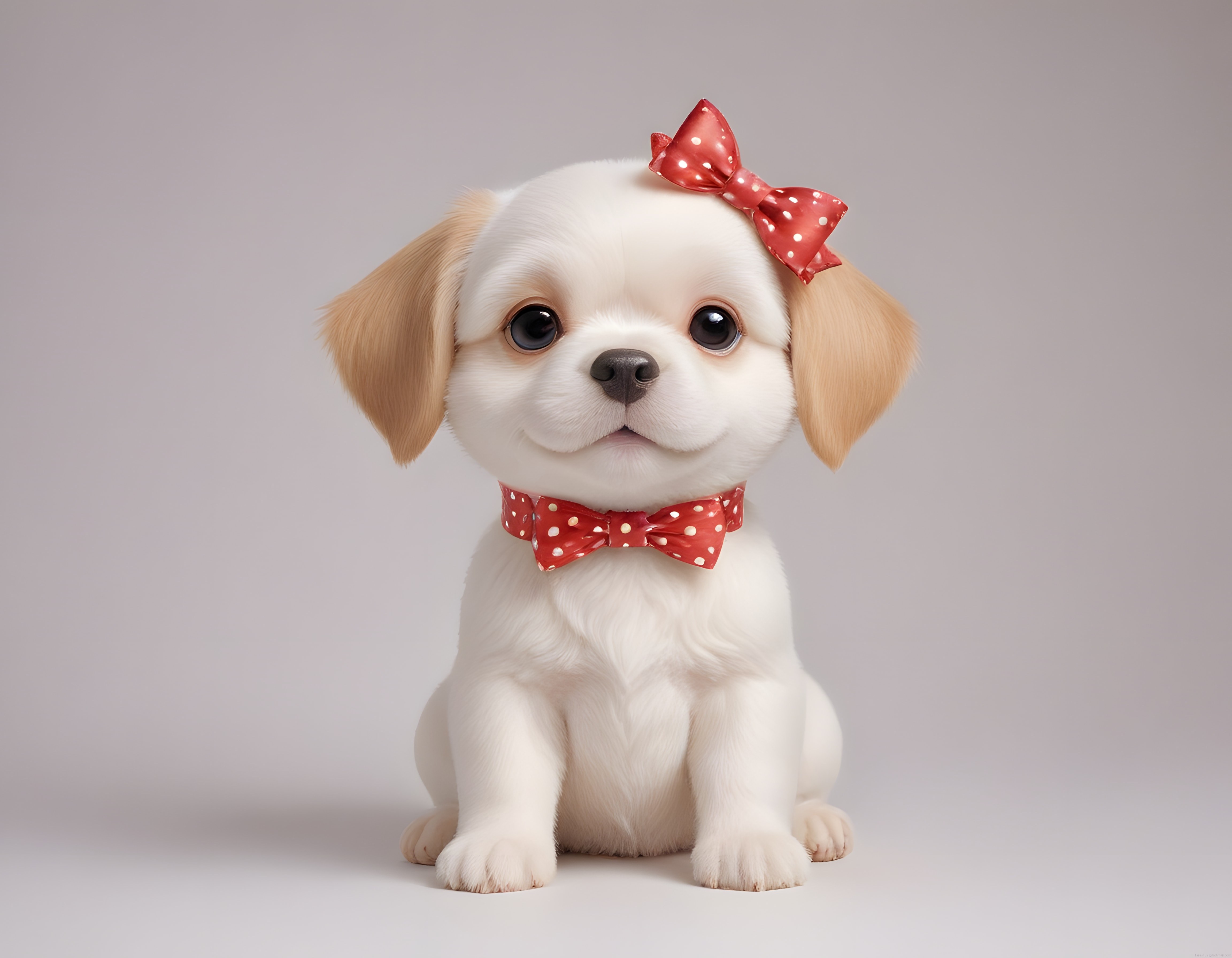 Sevimli Beyaz Köpek Yavrusu Kırmızı Puantiyeli Fiyonklarla 3D Portre