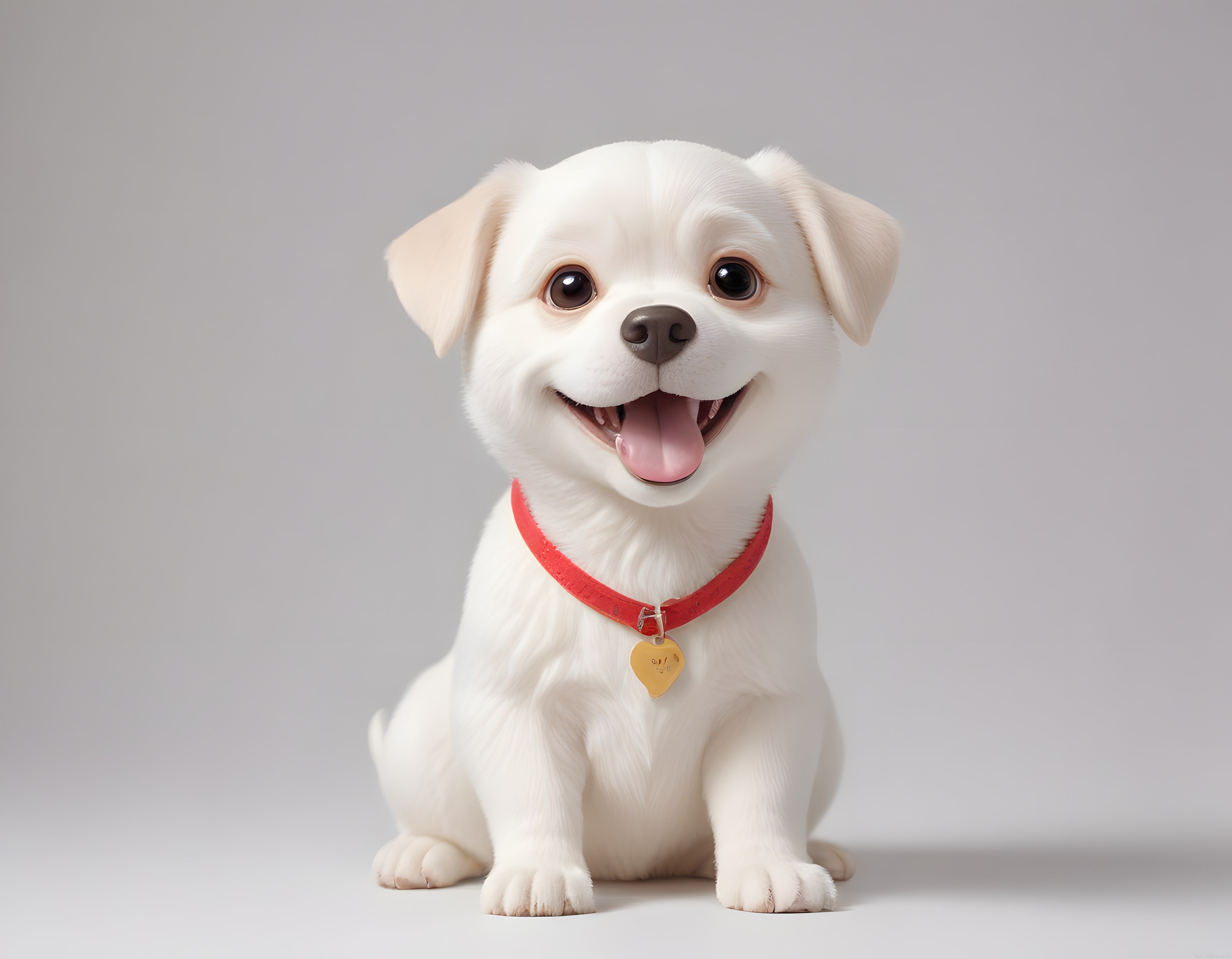 Sevimli Beyaz Köpek Yavrusu Kırmızı Tasma ve Kalpli Akaçla Poz Veriyor