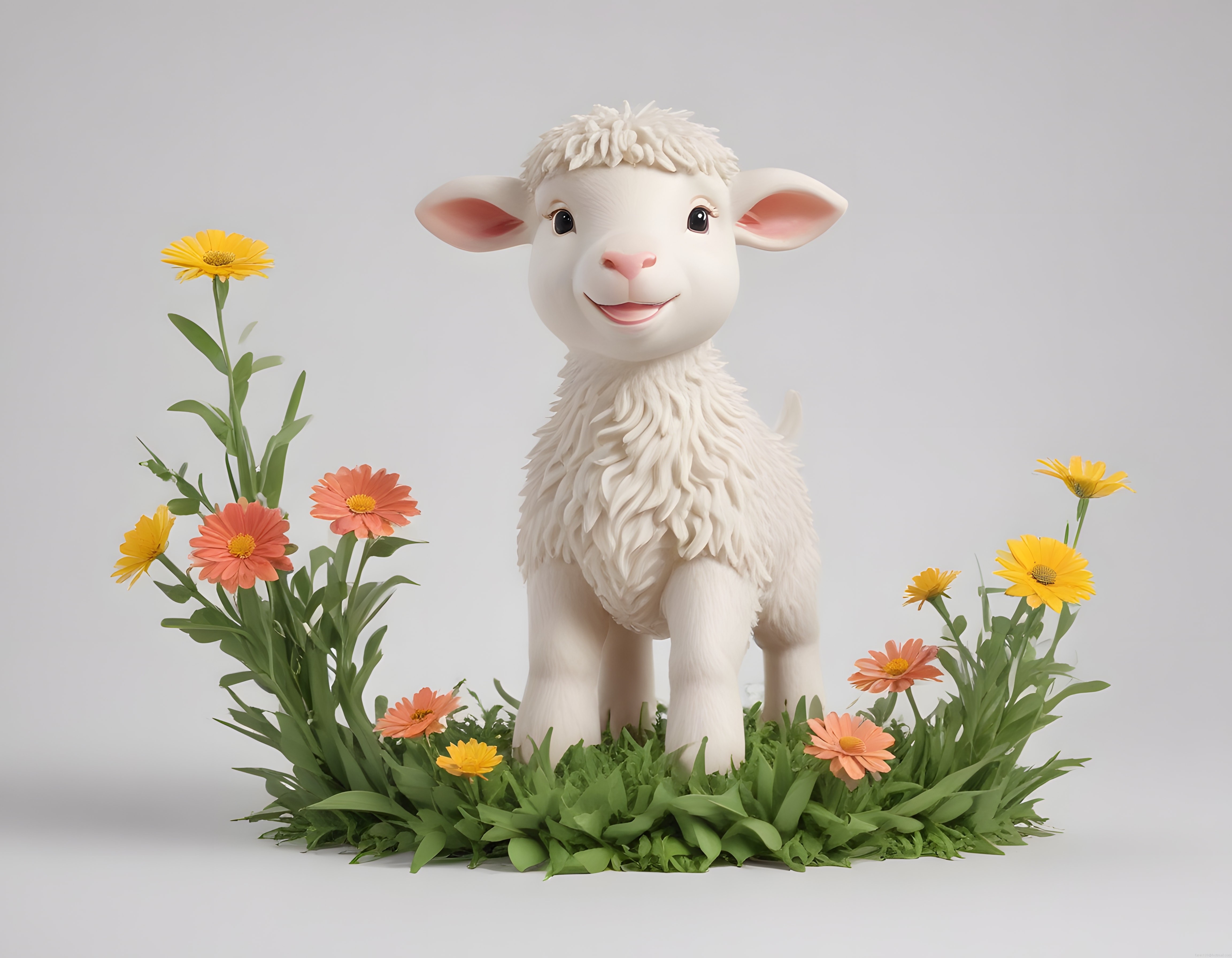 sevimli beyaz kuzu ve renkli çiçeklerle süslenmiş baharlık 3d animasyon sahnesi