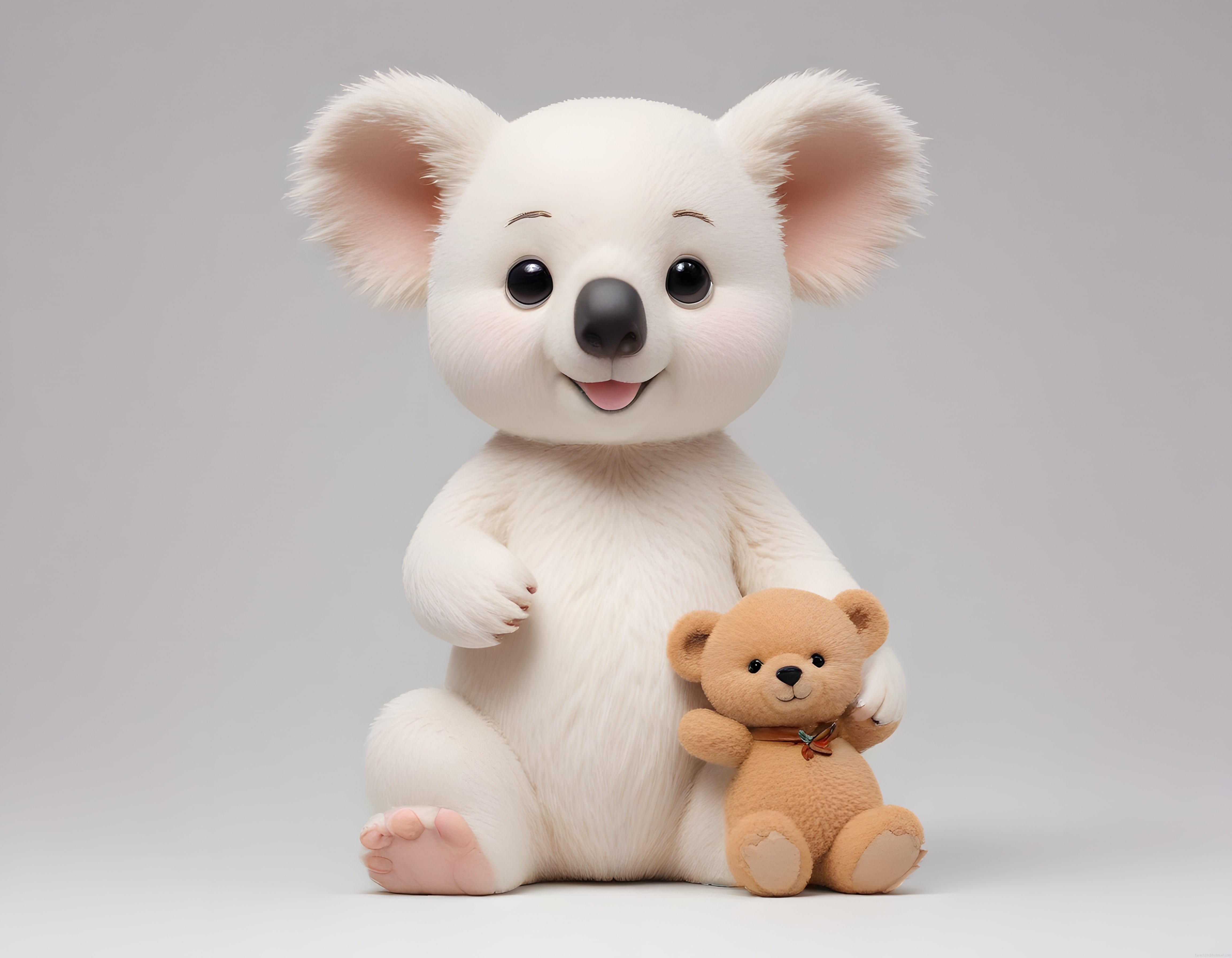 sevimli beyaz peluş koala ve kucağındaki oyuncak ayıyla dostluk anı