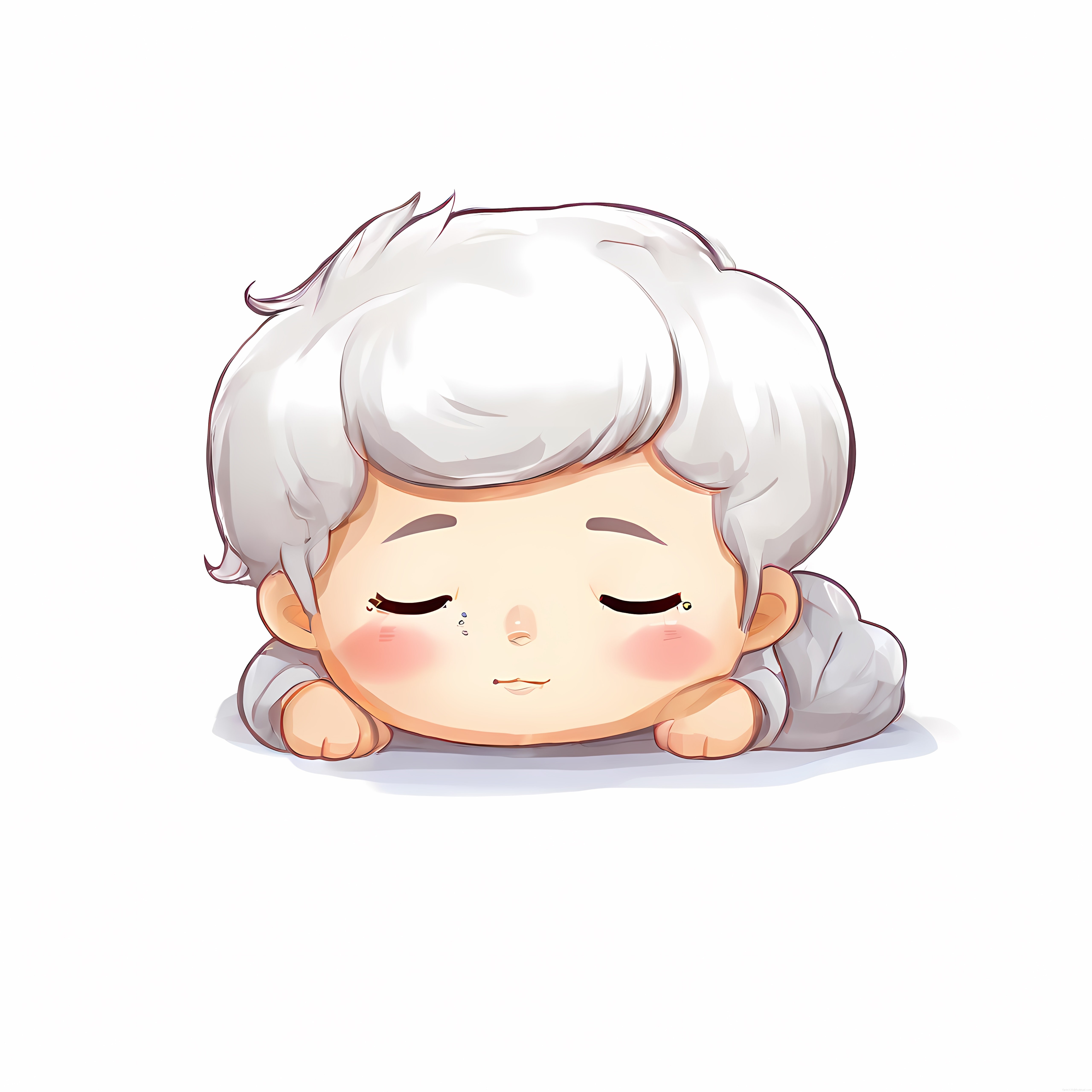 Sevimli Beyaz Saçlı Chibi Erkek Karakter Dijital İllüstrasyon ve Uykulu Anime Figürü