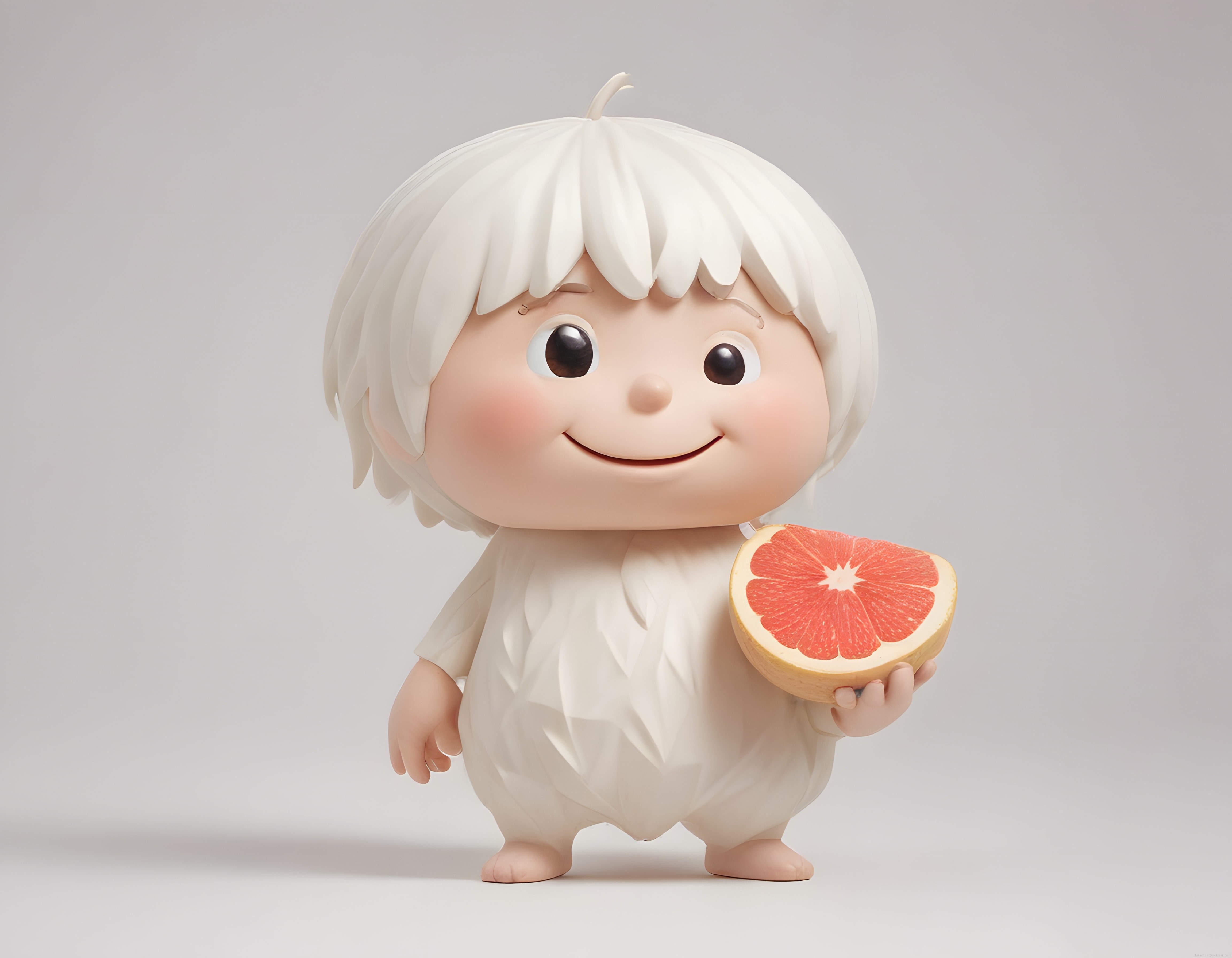 Sevimli Beyaz Saçlı Minik Karakter ve Elindeki Greyfurt Dilimi 3D Render