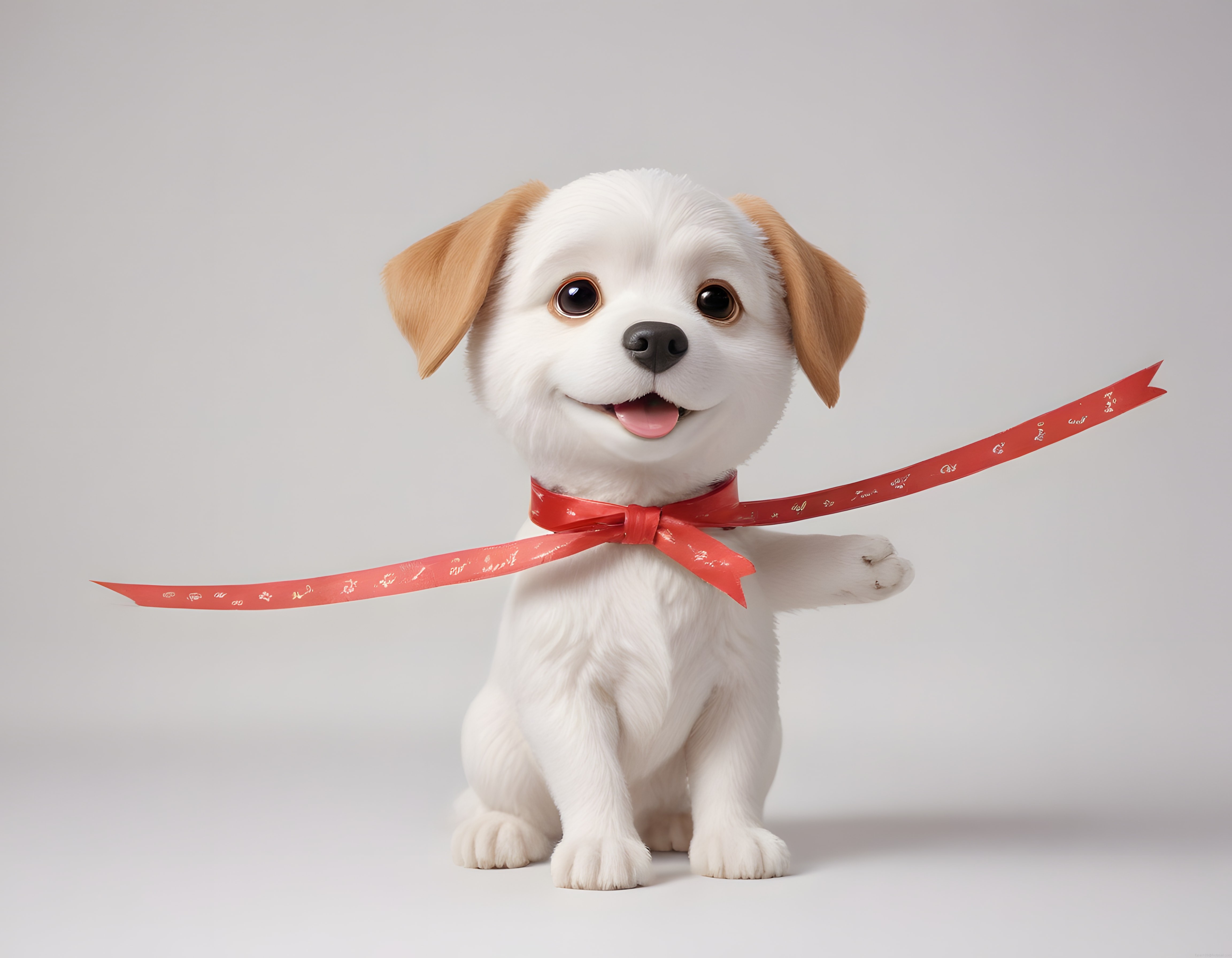 Sevimli Beyaz Tüylü Animasyon Yavru Köpek ve Kırmızı Fiyonk Kurdele