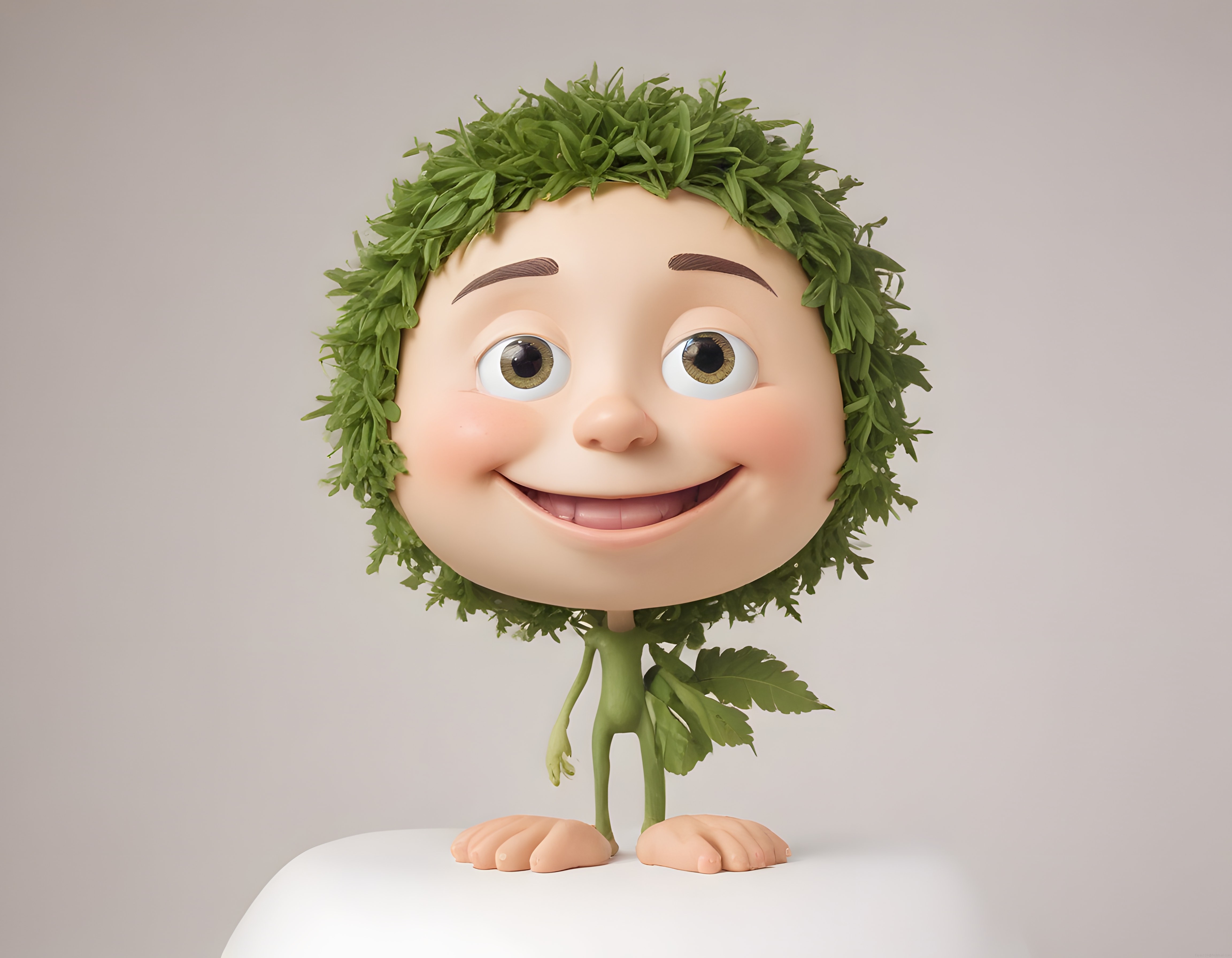 Sevimli Bitki Karakteri: Yaprak Saçlı ve Gülümseyen 3D Animasyon Figürü