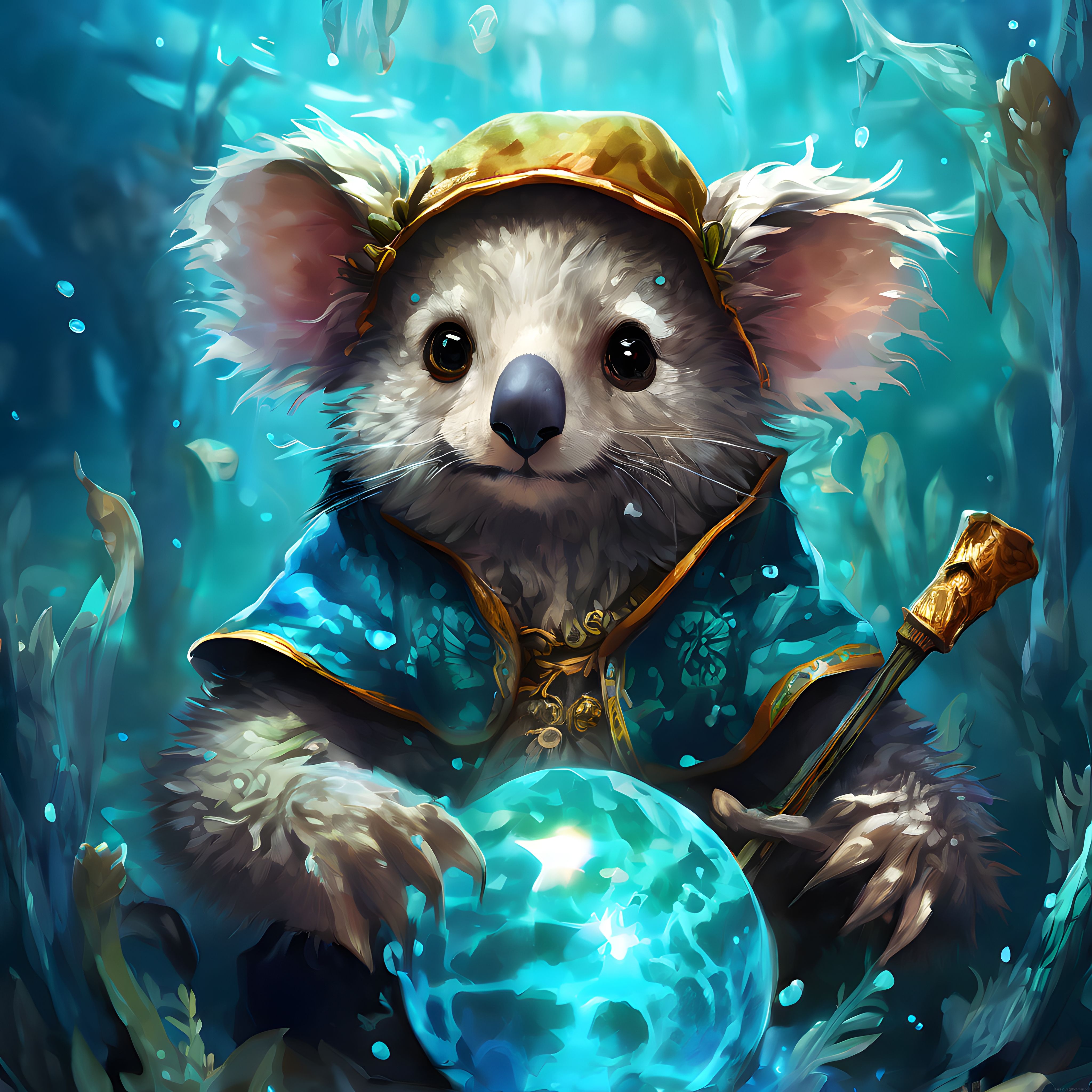 Sevimli Büyücü Koala ve Sihirli Kristal Küre: Fantastik Dijital Sanat