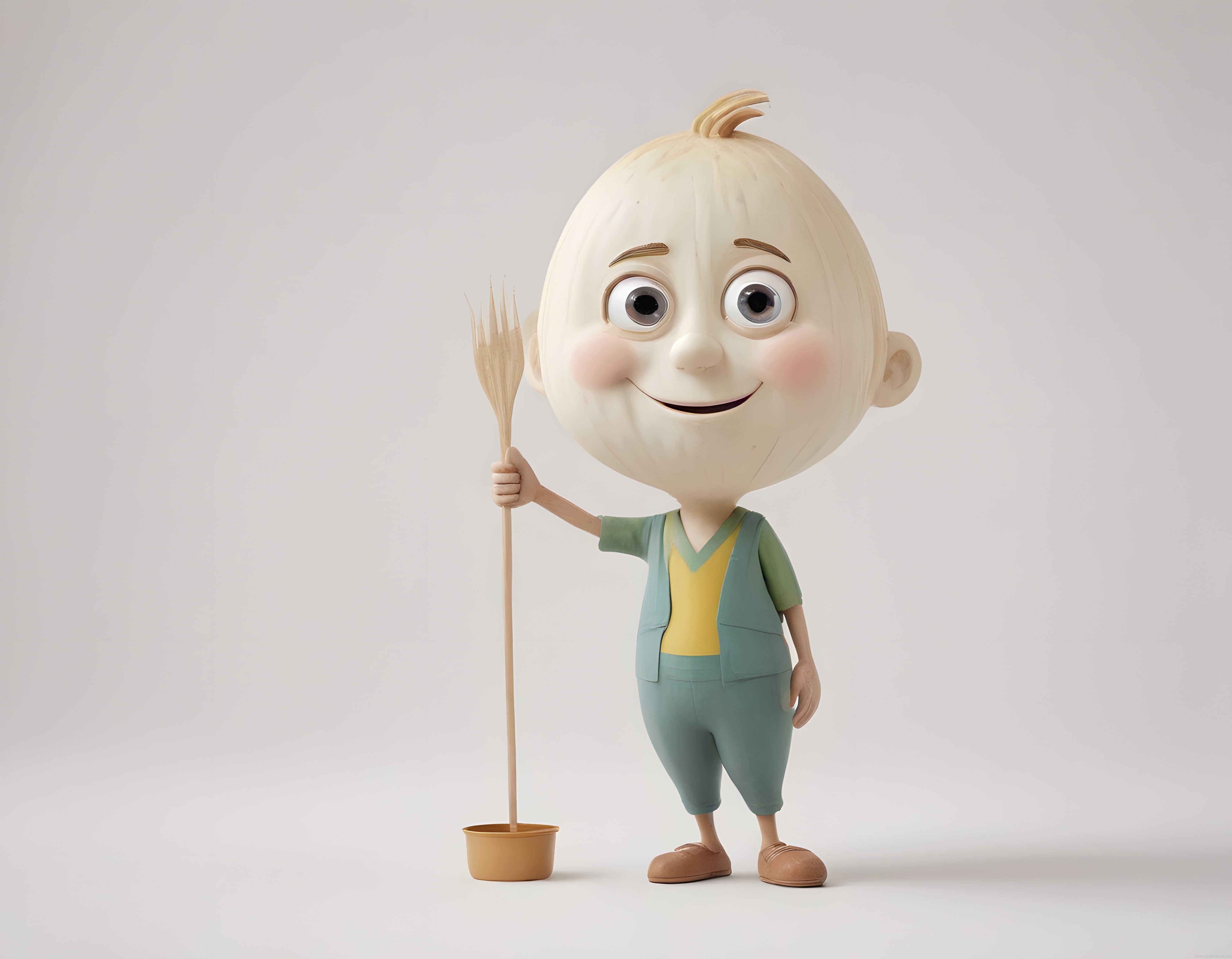 Sevimli Büyük Başlı 3D Temizlikçi Karakter: Animasyonlu Ahşap Bebek Figürü