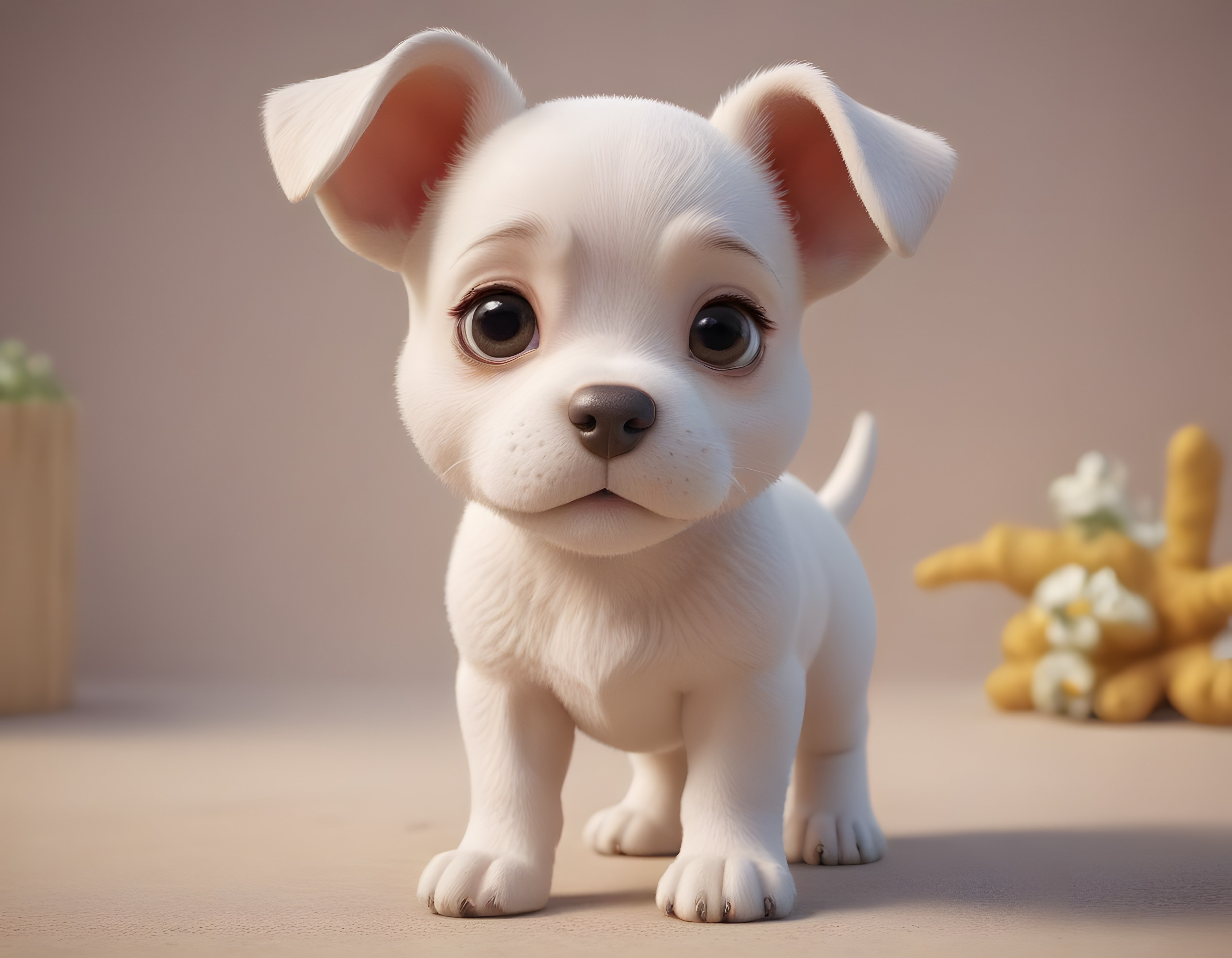Sevimli Büyük Gözlü Beyaz Köpek Yavrusu 3D Animasyon Karakteri