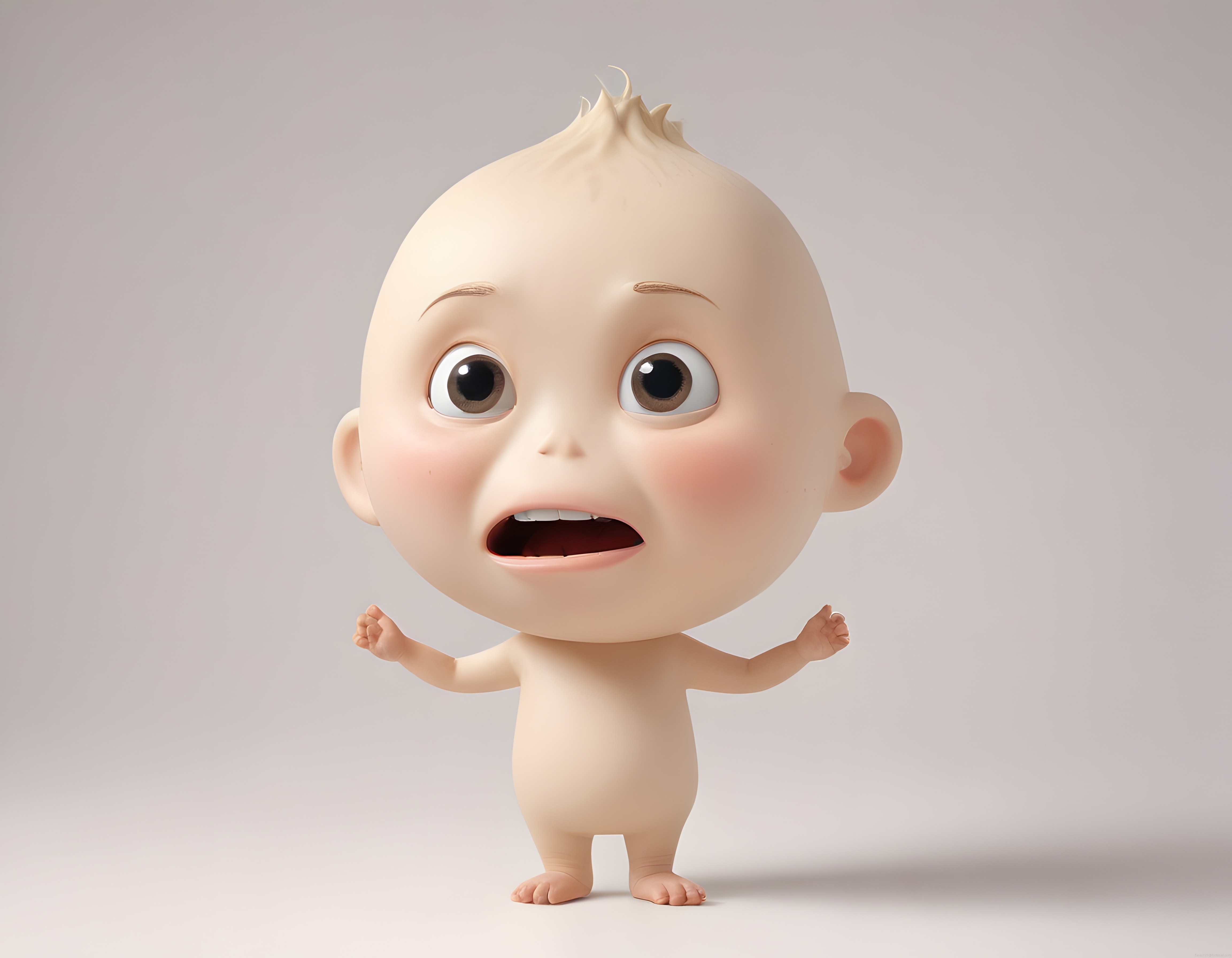 Sevimli Büyük Kafalı 3D Animasyon Bebeği Şaşkın İfade ile Poz Veriyor