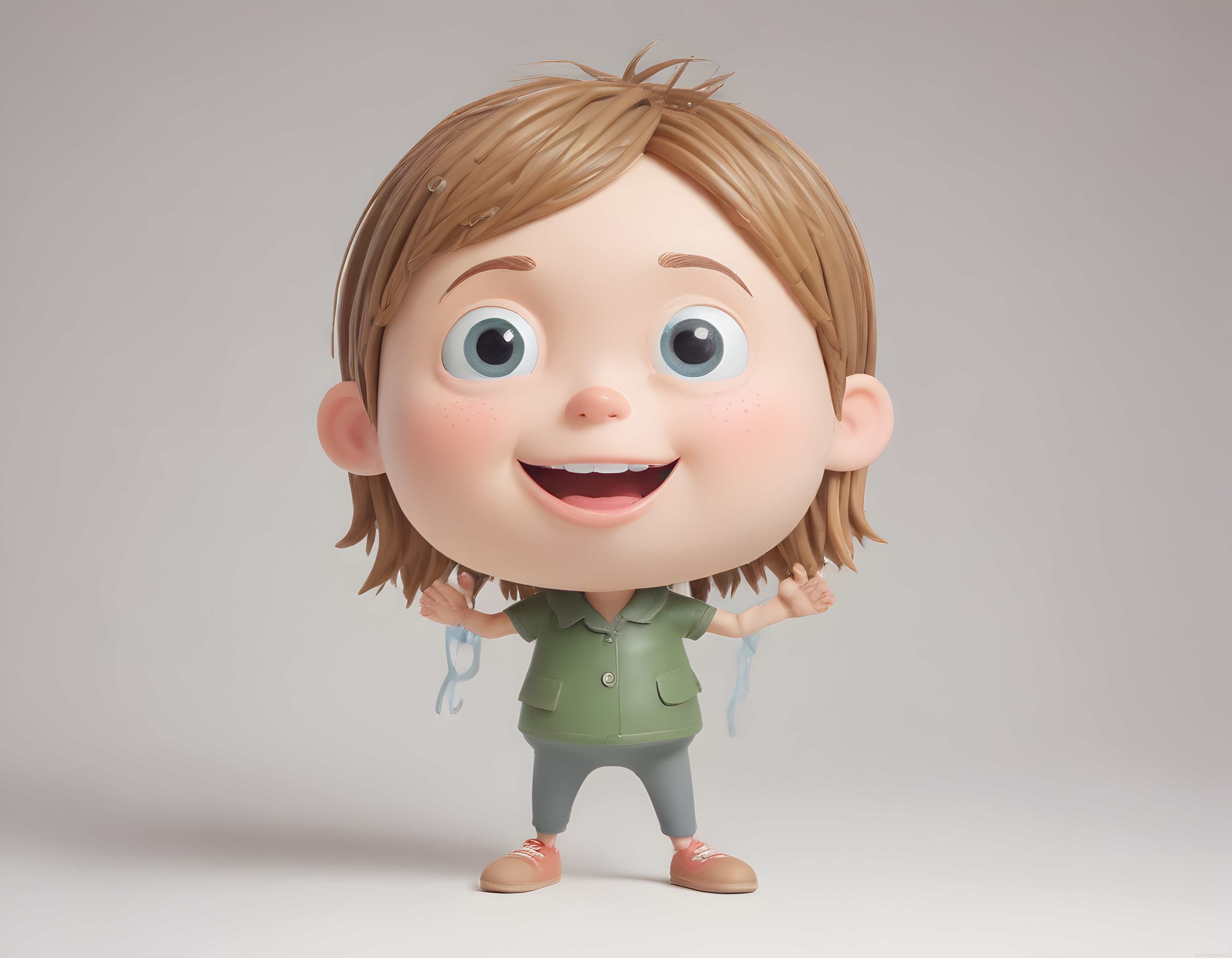 Sevimli Büyük Kafalı 3D Animasyon Erkek Çocuk Karakteri Neşeyle Poz Veriyor