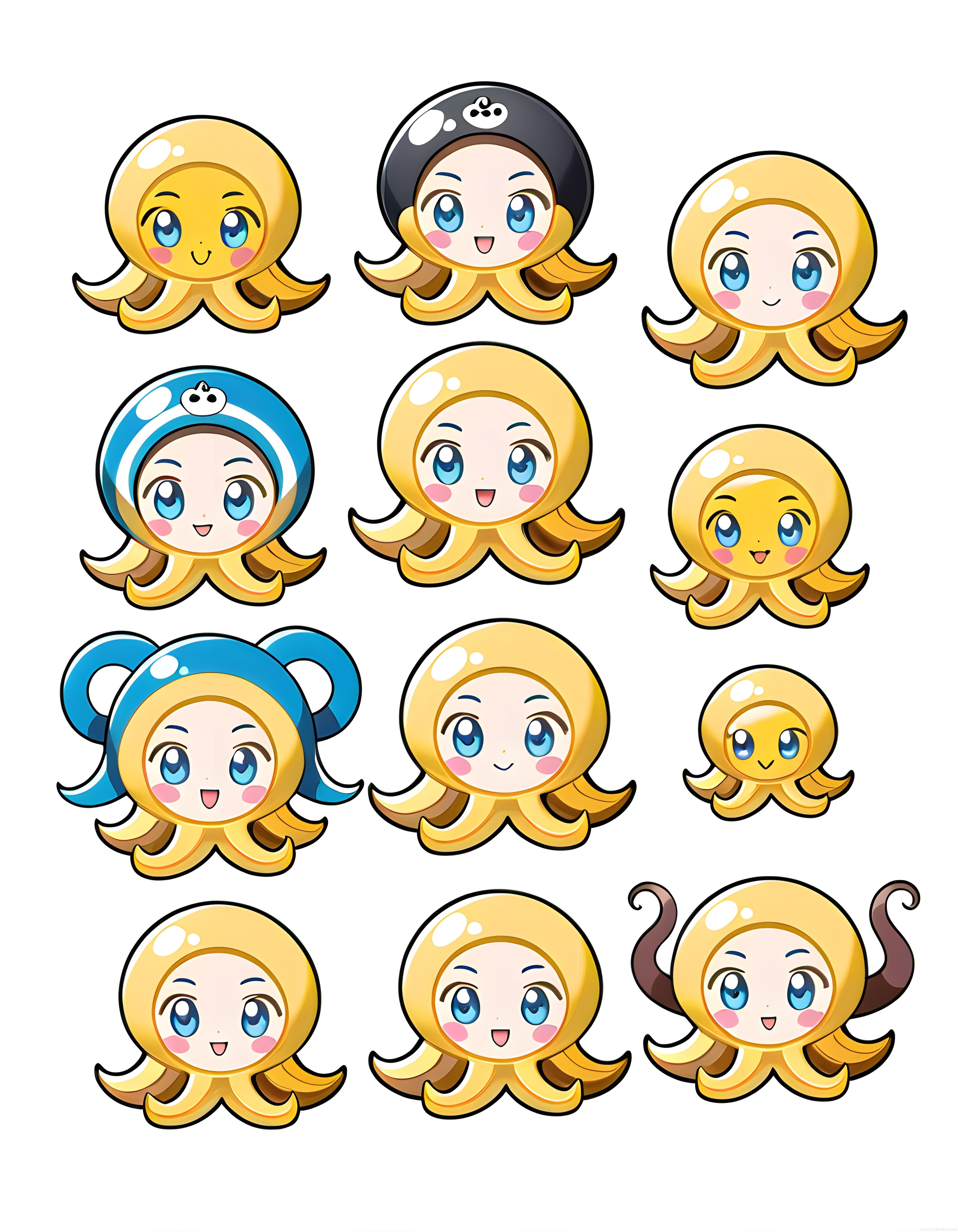 Sevimli chibi ahtapot kız çizimleri anime tarzı karakter ve ifade koleksiyonu