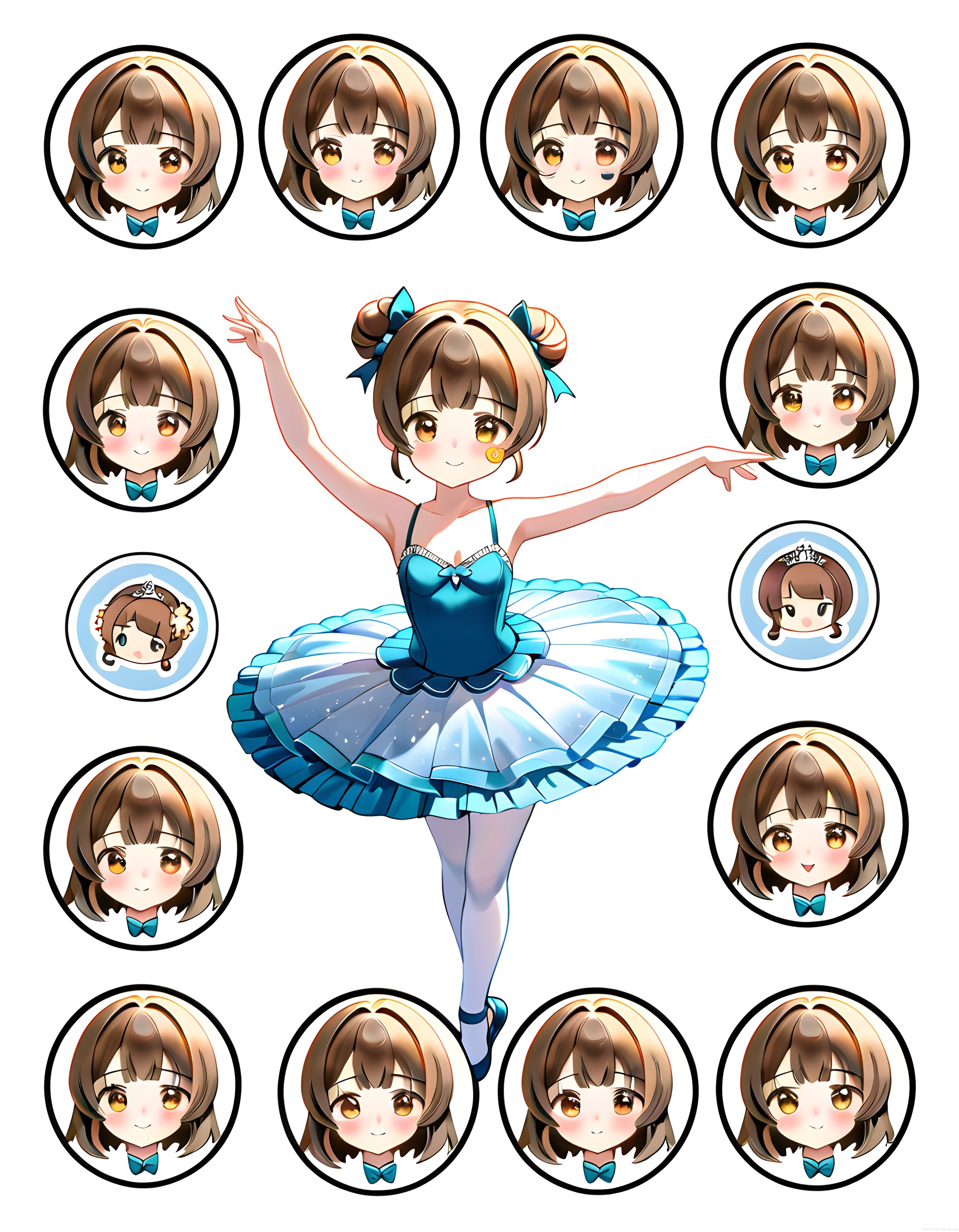 Sevimli Chibi Anime Balerin Karakteri ve On İki Farklı Duygu İfadesi