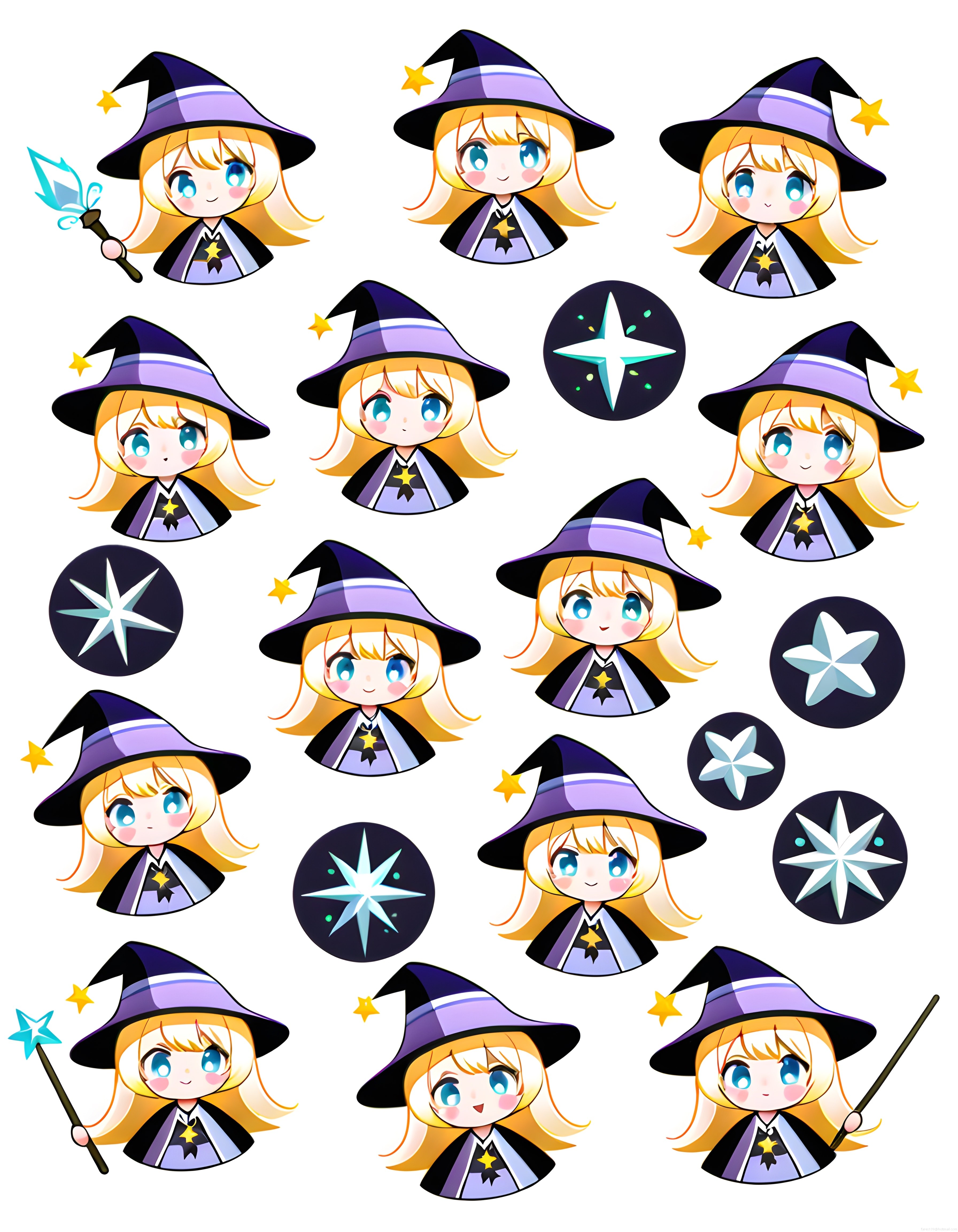 Sevimli Chibi Anime Cadı Karakterleri ve Sihirli Yıldız Sticker Çizim Seti