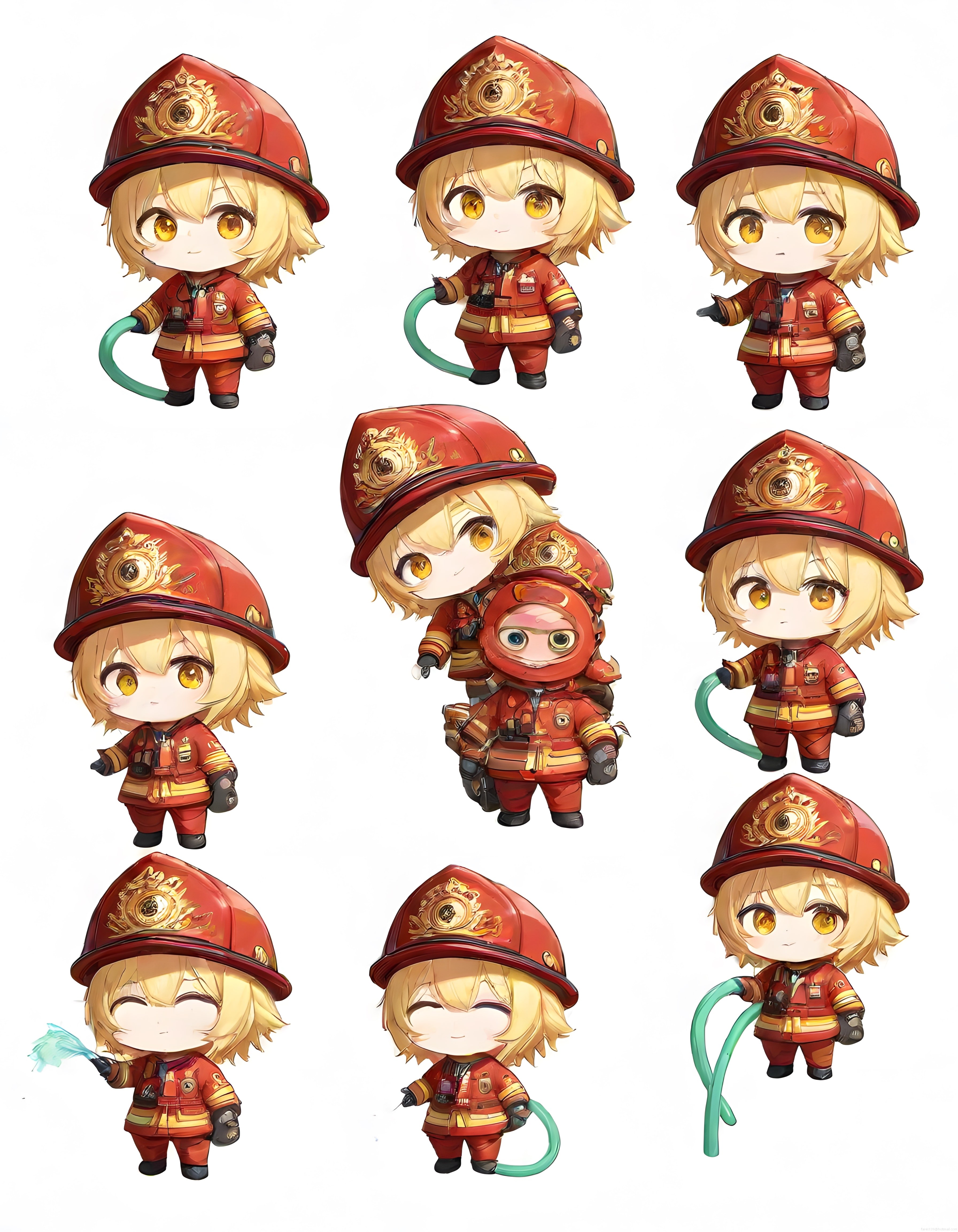 Sevimli Chibi Anime İtfaiyeci Karakteri ve Farklı Duygu Pozları