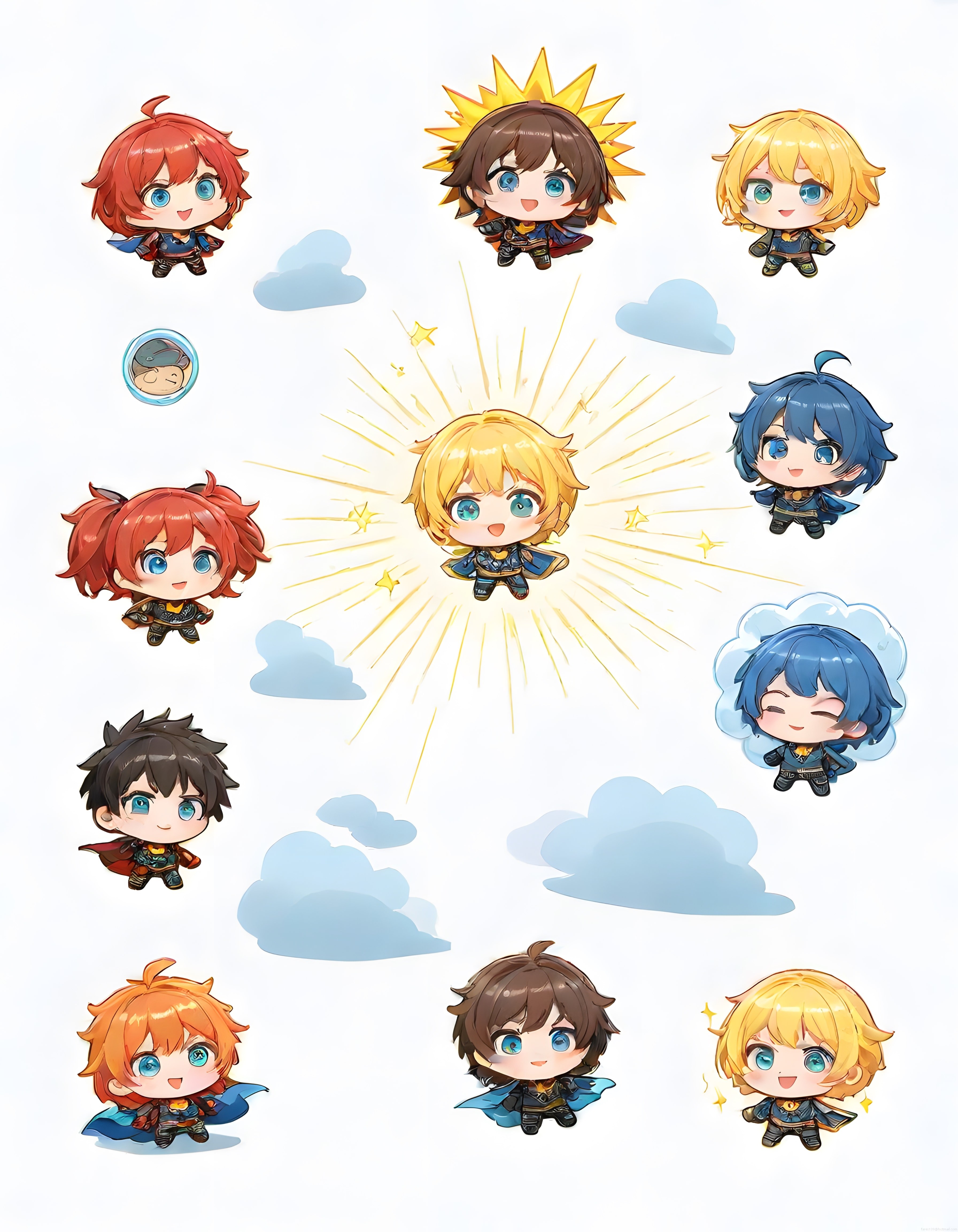 Sevimli Chibi Anime Kahramanları Işıldayan Gökyüzünde Fantastik Poz