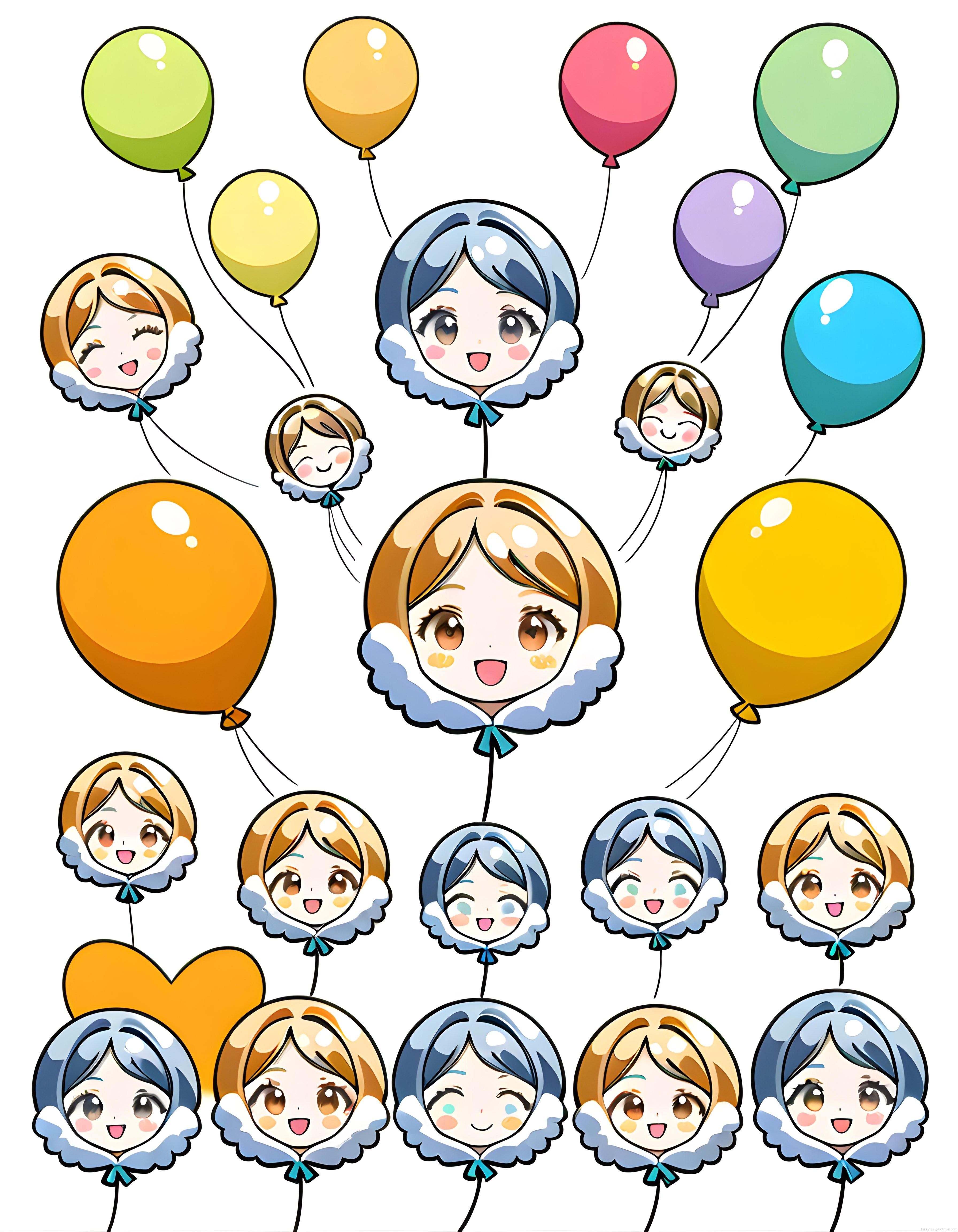 Sevimli chibi anime karakter balonları ve renkli parti balonları çizim koleksiyonu