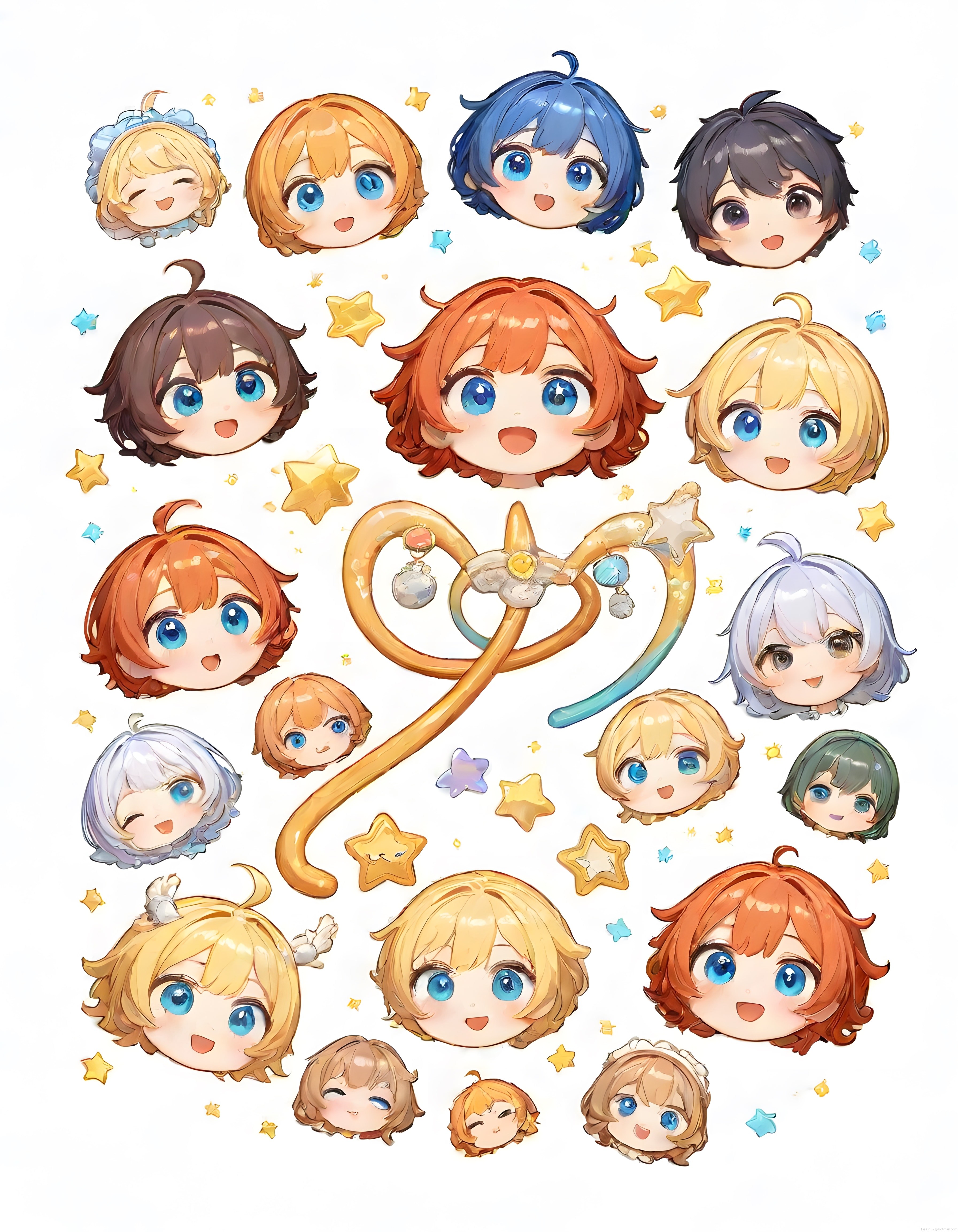 Sevimli chibi anime karakter koleksiyonu ve sihirli yıldız asa süslemesi