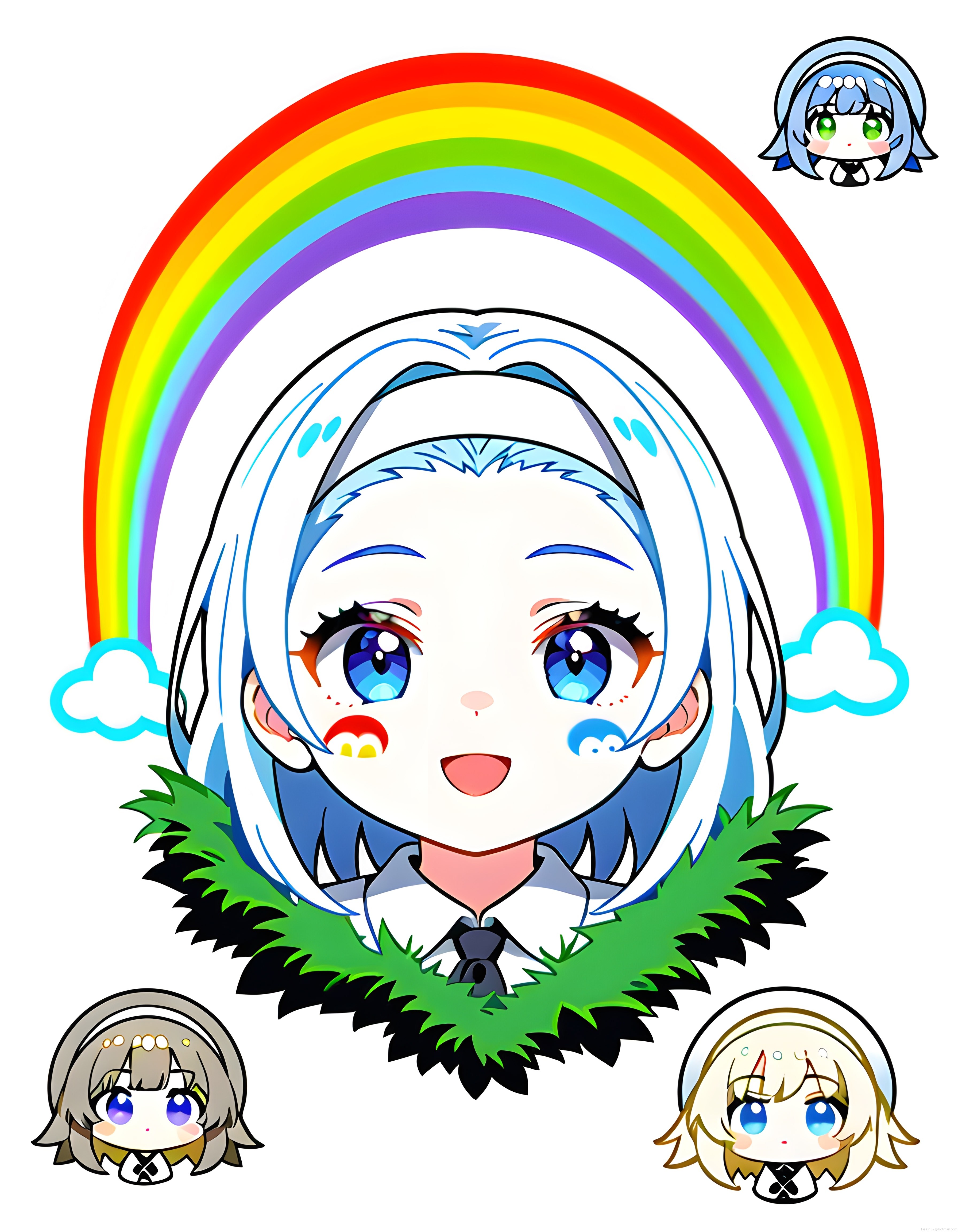 Sevimli chibi anime karakter ve gökkuşağı temalı renkli dijital illüstrasyon