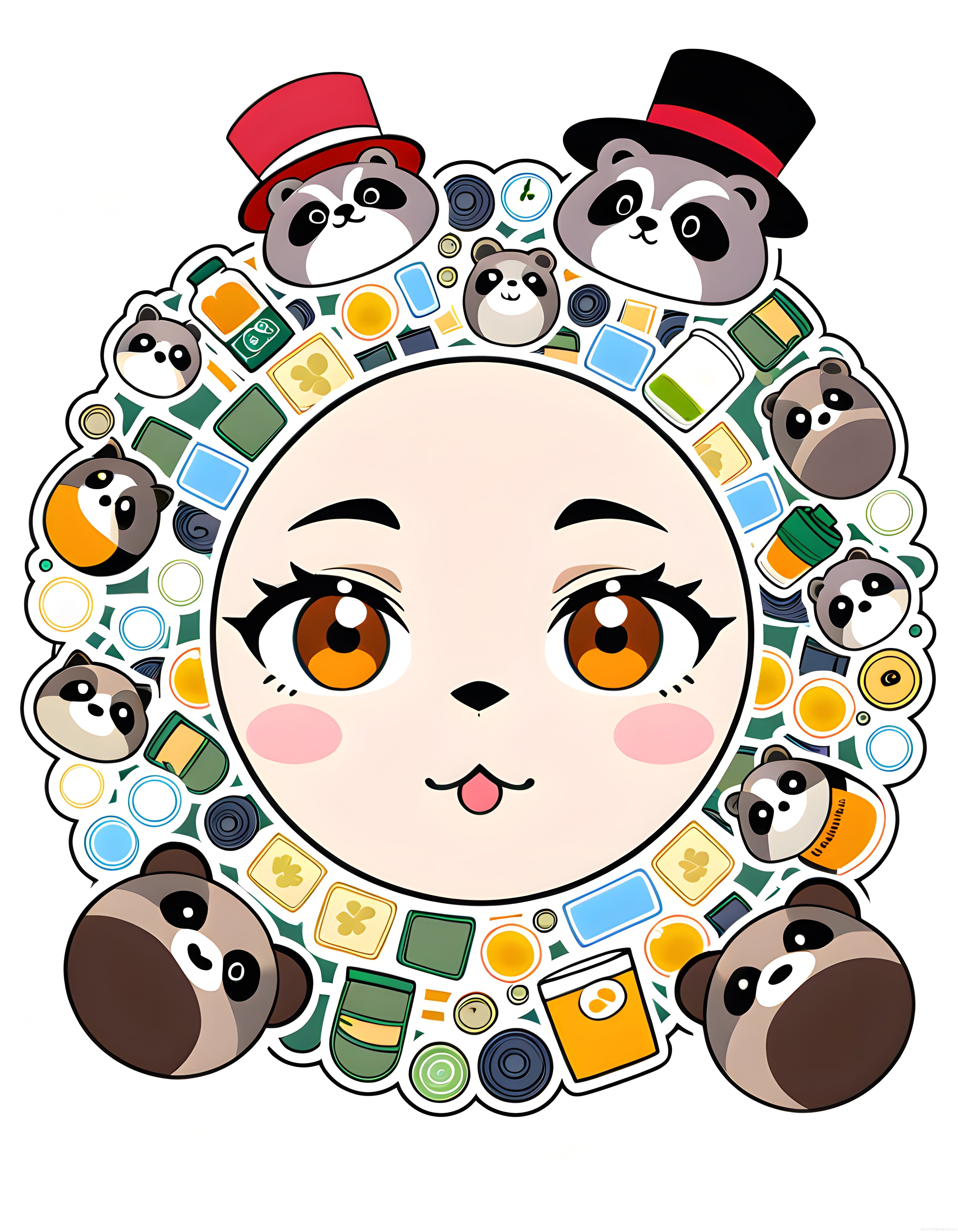 Sevimli Chibi Anime Karakter ve Panda Maskotlarıyla Renkli Çerçeve Çizimi