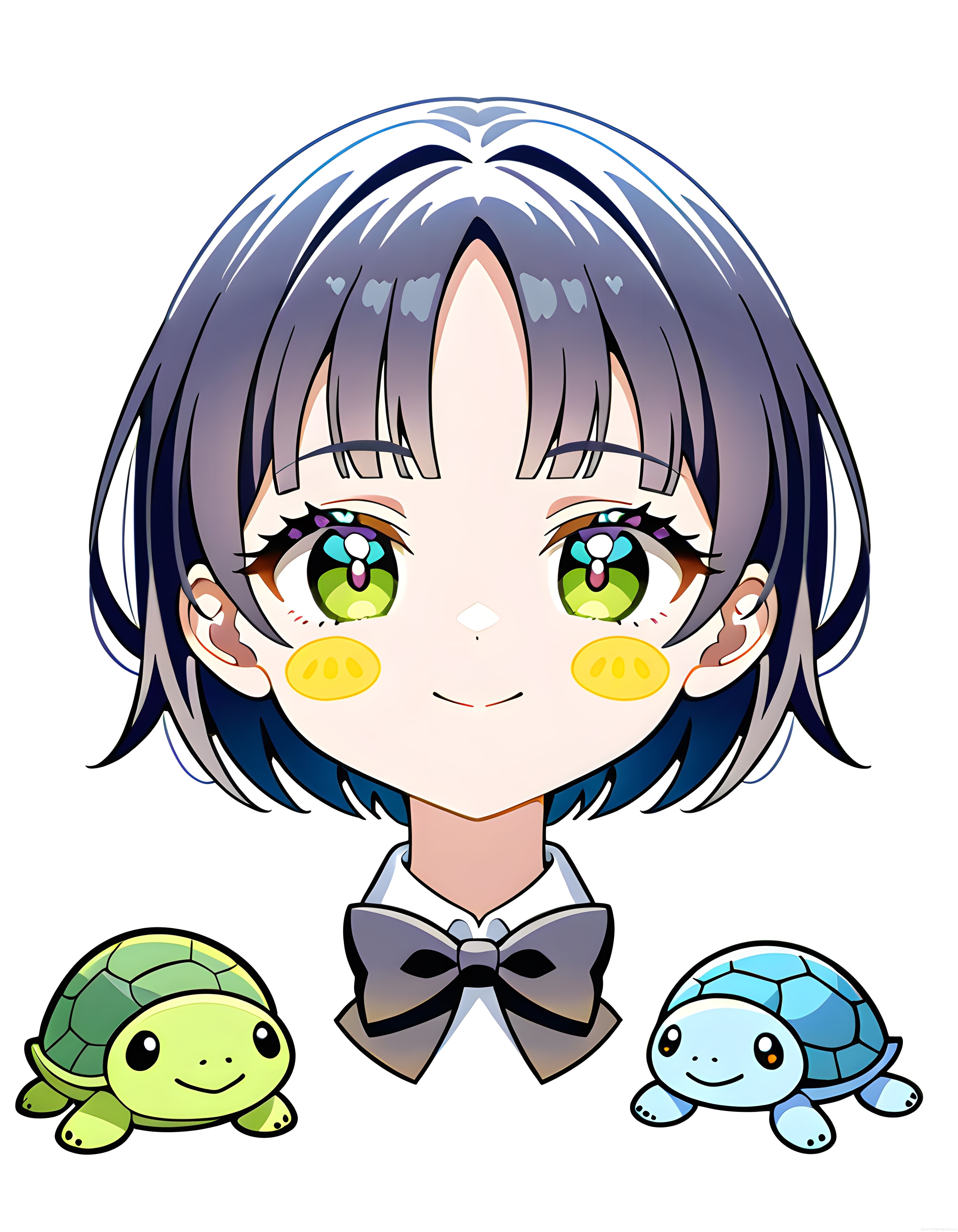 sevimli chibi anime karakteri ve iki renkli kaplumbağa dijital sanat çalışması