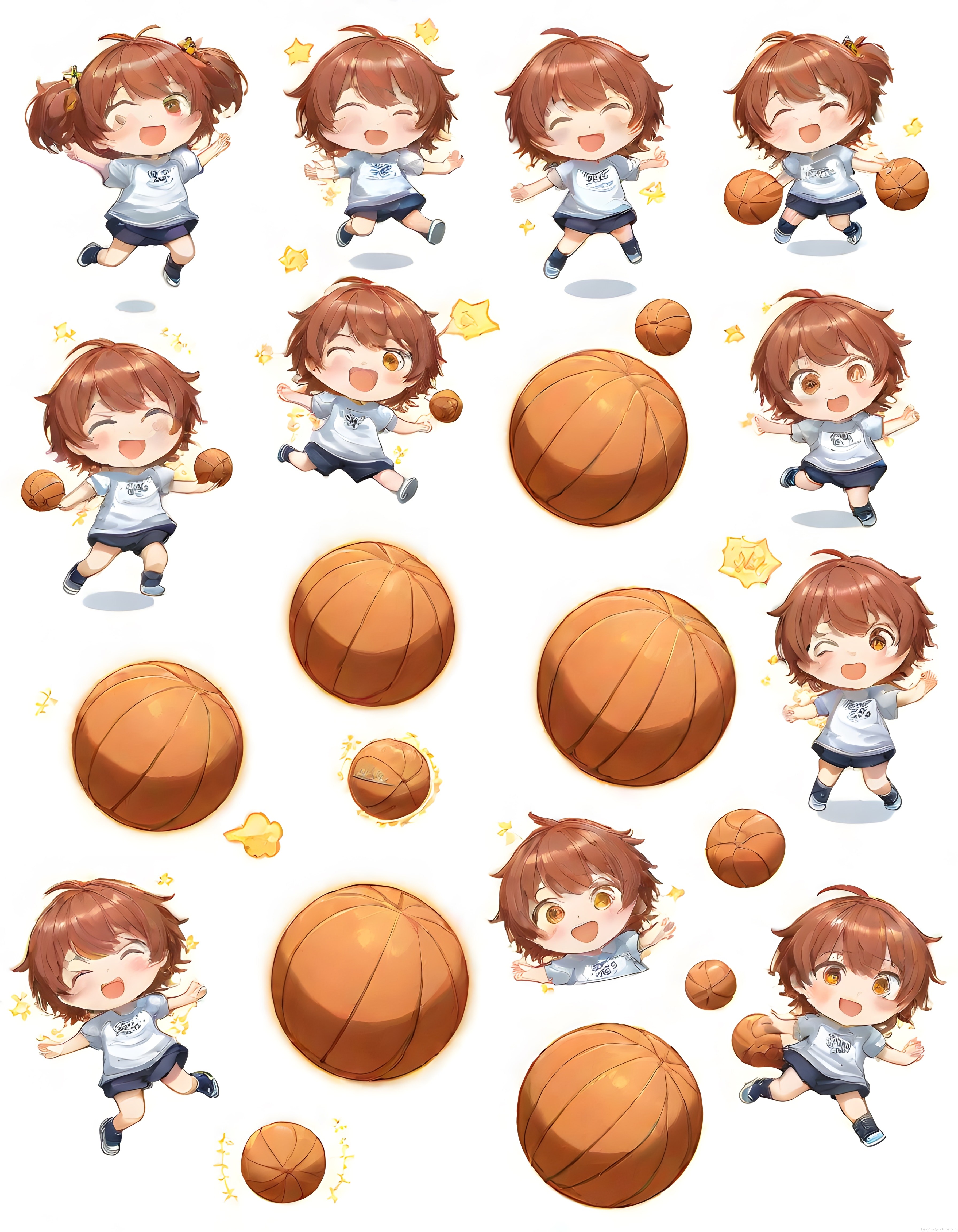 Sevimli Chibi Anime Karakterinin Basketbol Temalı Parlak Çıkartma Seti