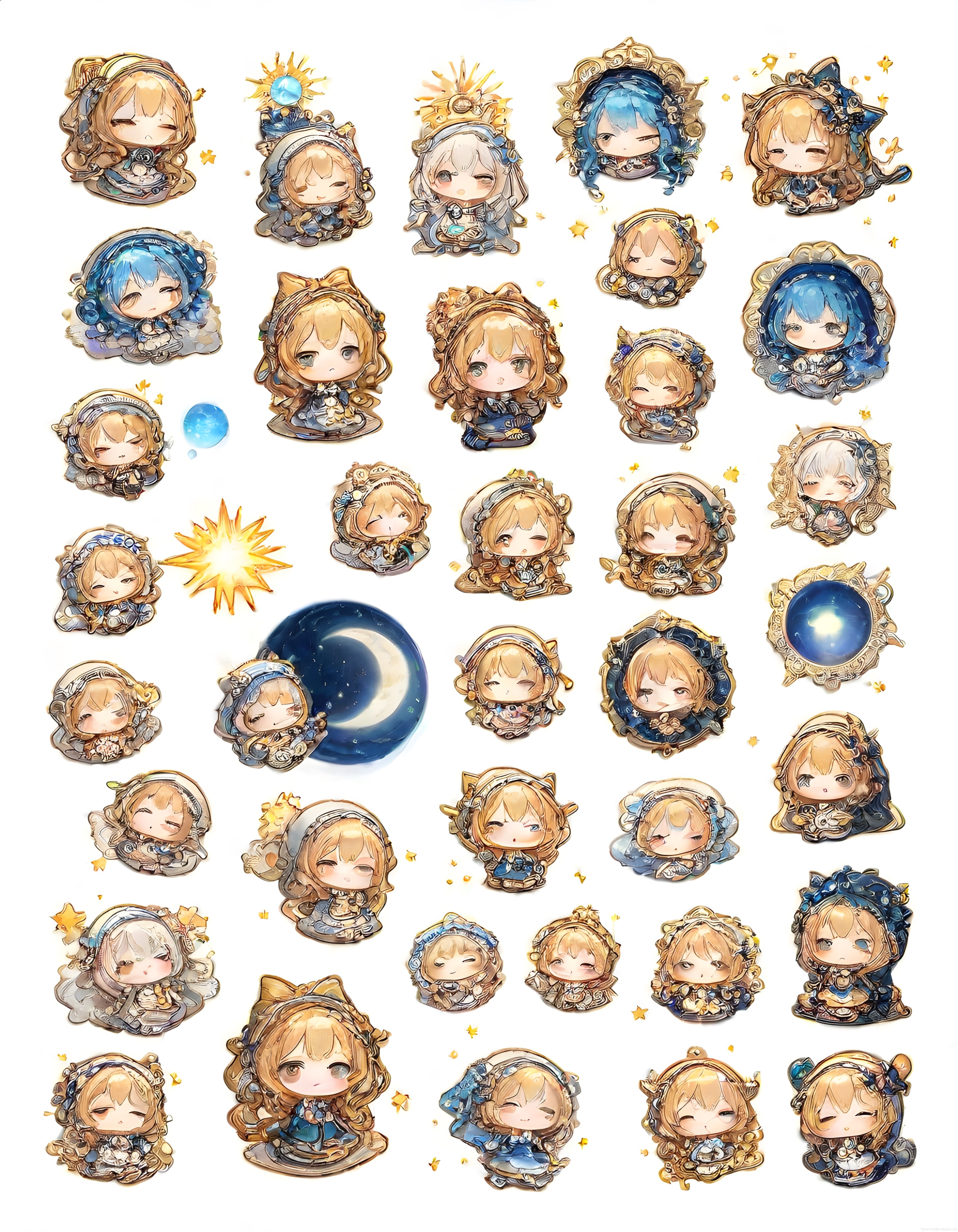Sevimli Chibi Anime Karakterleri: Altın Mavi Paletinde Dijital Sticker Koleksiyonu